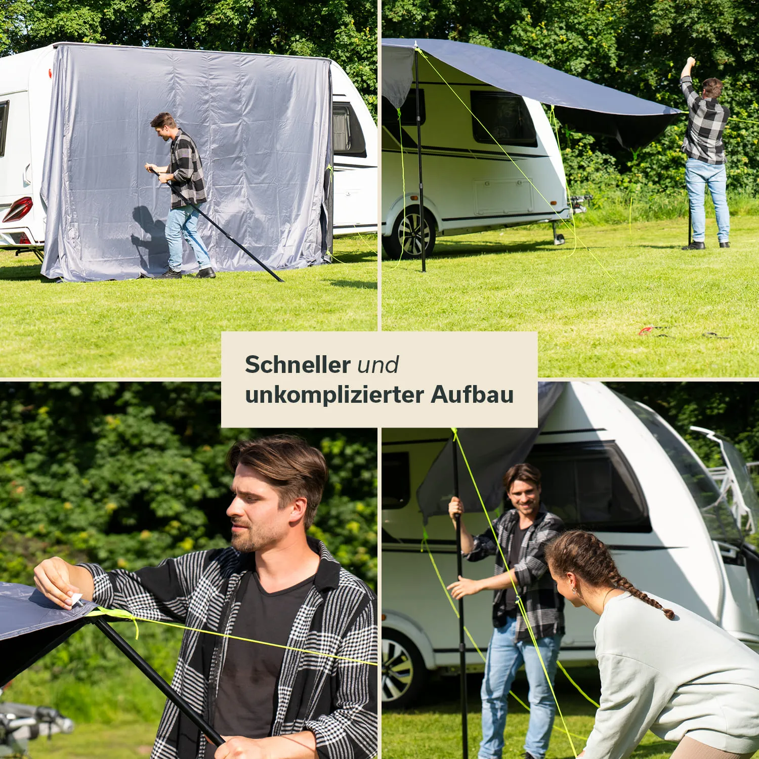 Mann mit Holzstab neben Wohnwagen, Aufbauen eines Vorzeltes im Freien. Weitere Person hilft dabei. Grüne Wiese im Hintergrund.