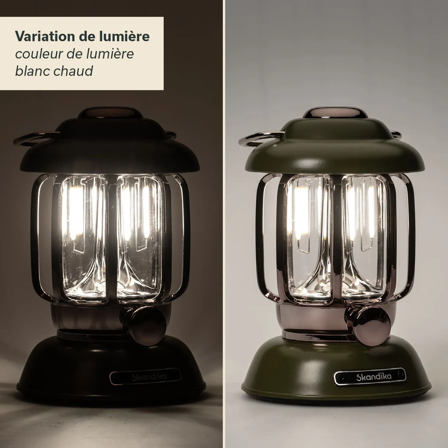 Lampenmodell in zwei Farben: eine schwarze und eine olivgrüne Version. Beide mit hellem Licht und transparentem Glas.