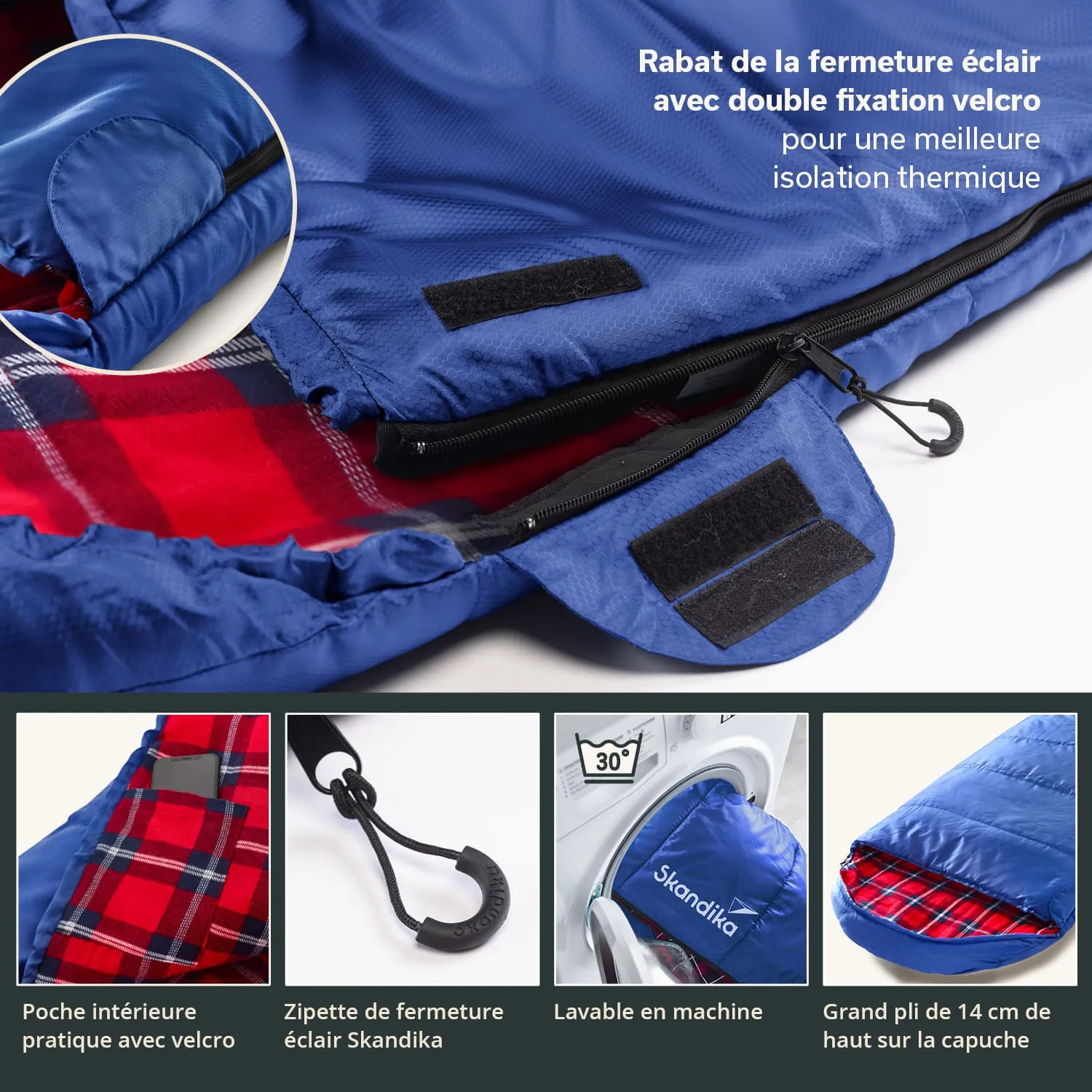 Blauer Schlafsack mit Karomuster innen, Reißverschluss und praktischer Innentasche. Details zu Waschbarkeit und Benito sind sichtbar.