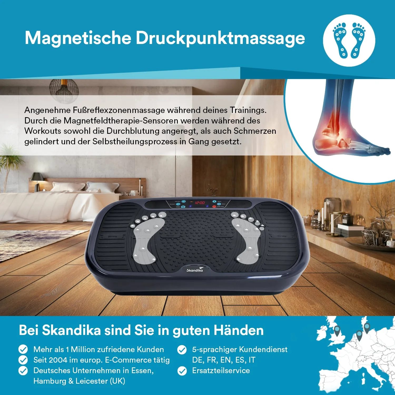Massagegerät mit Sensoren zur Fußreflexzonenmassage, an einer hellen Holzoberfläche in einem Wohnraum platziert. Schriftzug und Infotexte darüber.