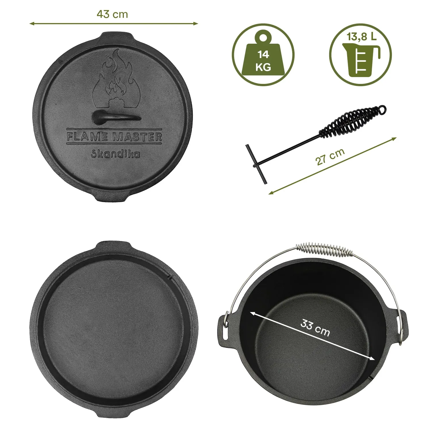 Gusseisen-Kochtopf mit Deckel, Durchmesser 43 cm, Volumen 13,8 l, Gewicht 14 kg, mit einem schwarzen Hebel.