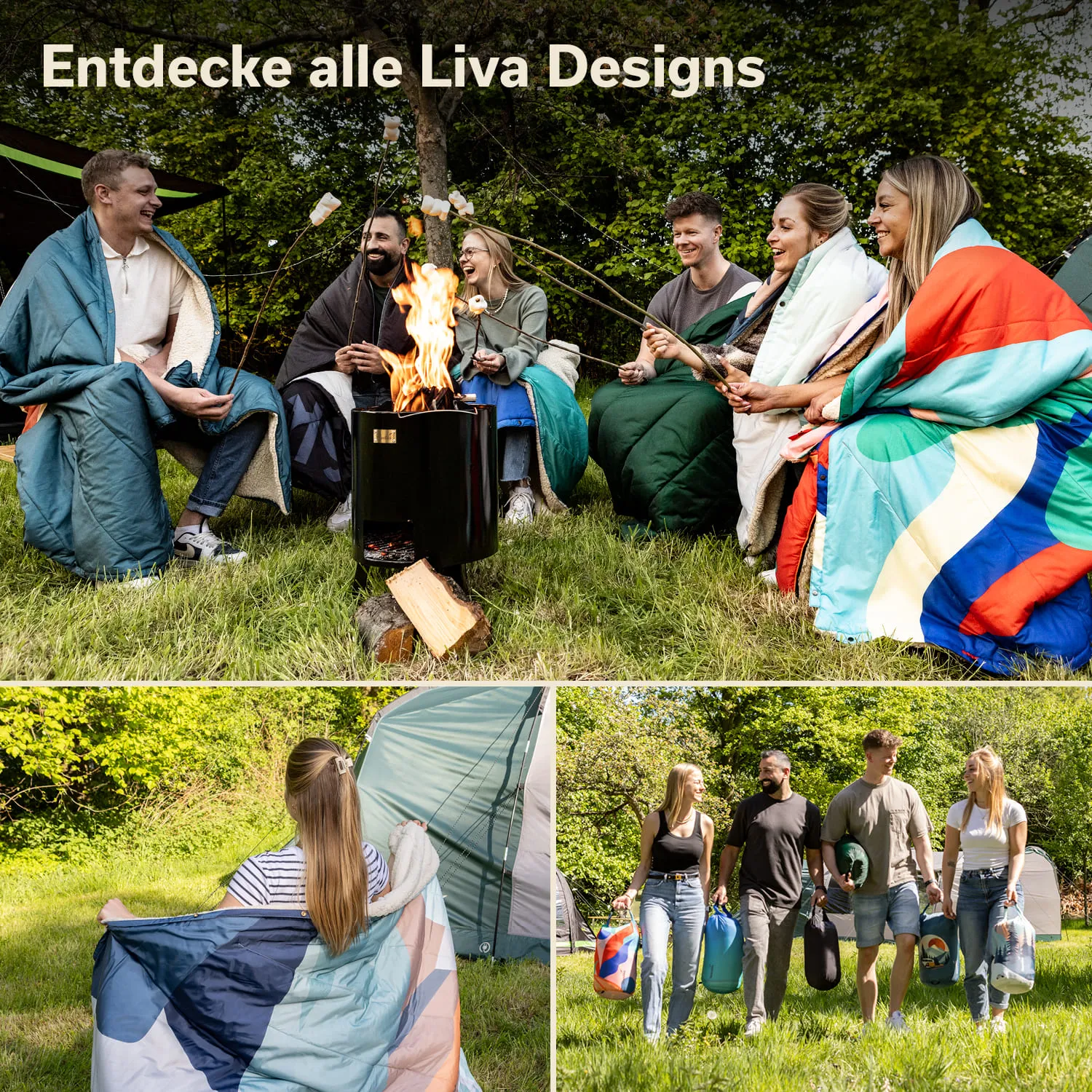 Sechs Personen im Freien, die um ein Feuer sitzen und Marshmallows rösten. Unten links sitzt eine Person in einer Decke, rechts drei Personen tragen Taschen.