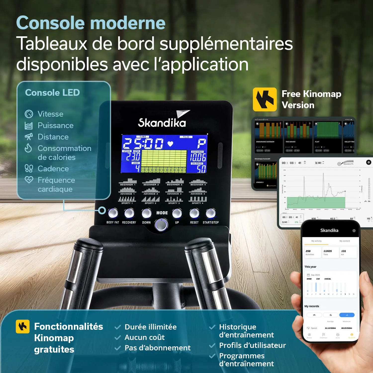 Modernes Fitnessgerät mit LED-Konsole, Anzeige für Geschwindigkeit, Herzfrequenz und Kalorienverbrauch. Smartphone-App integriert.