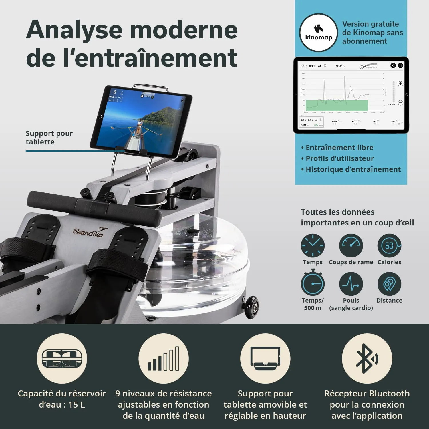 Rudergerät mit Wasserbehälter und Tablet-Halterung. Anzeige von Trainingsdaten wie Zeit, Kalorien und Widerstandsniveau.