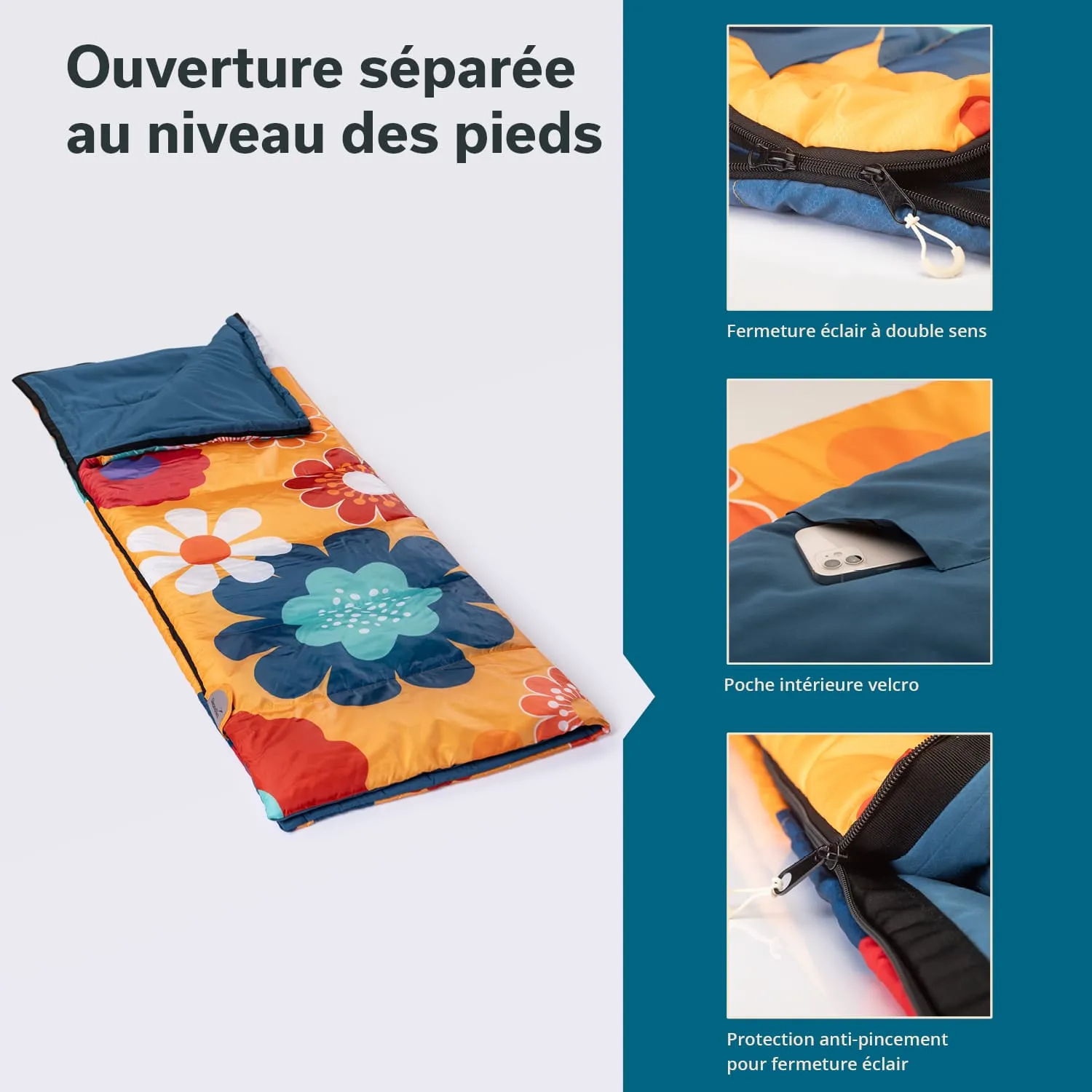 Schlafsack mit buntem Blumenmuster und blauem Kopfteil. Zipöffnung am Fußbereich, innere Velcro-Tasche, Schutz für den Reißverschluss.