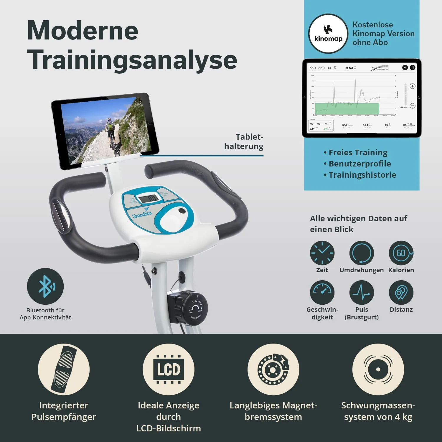 Fitnessgerät mit Tablet-Halterung, LCD-Bildschirm, Pulsreceiver und Bedienelementen. Informationen zu Trainingseinstellungen und App-Konnektivität.