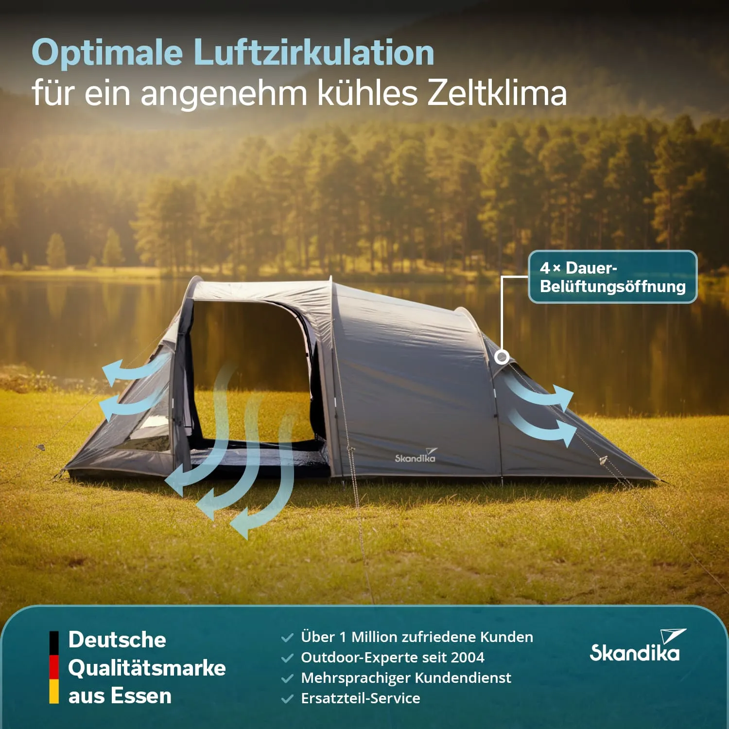 Zelt in grauer Farbe auf einer Wiese mit Öffnungen zur Luftzirkulation, umgeben von Bäumen und Wasser.