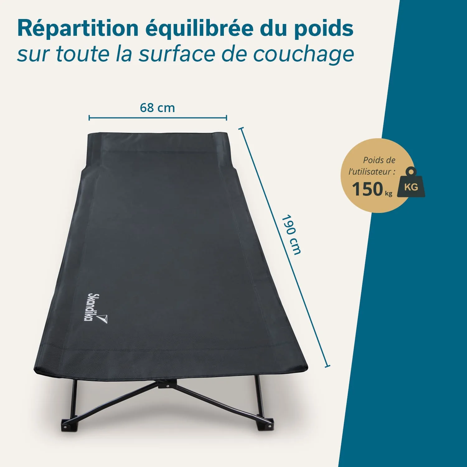 Schwarze Liege mit den Maßen 68 cm x 190 cm, auf einem weißen Hintergrund. Gewichtskapazität: 150 kg.