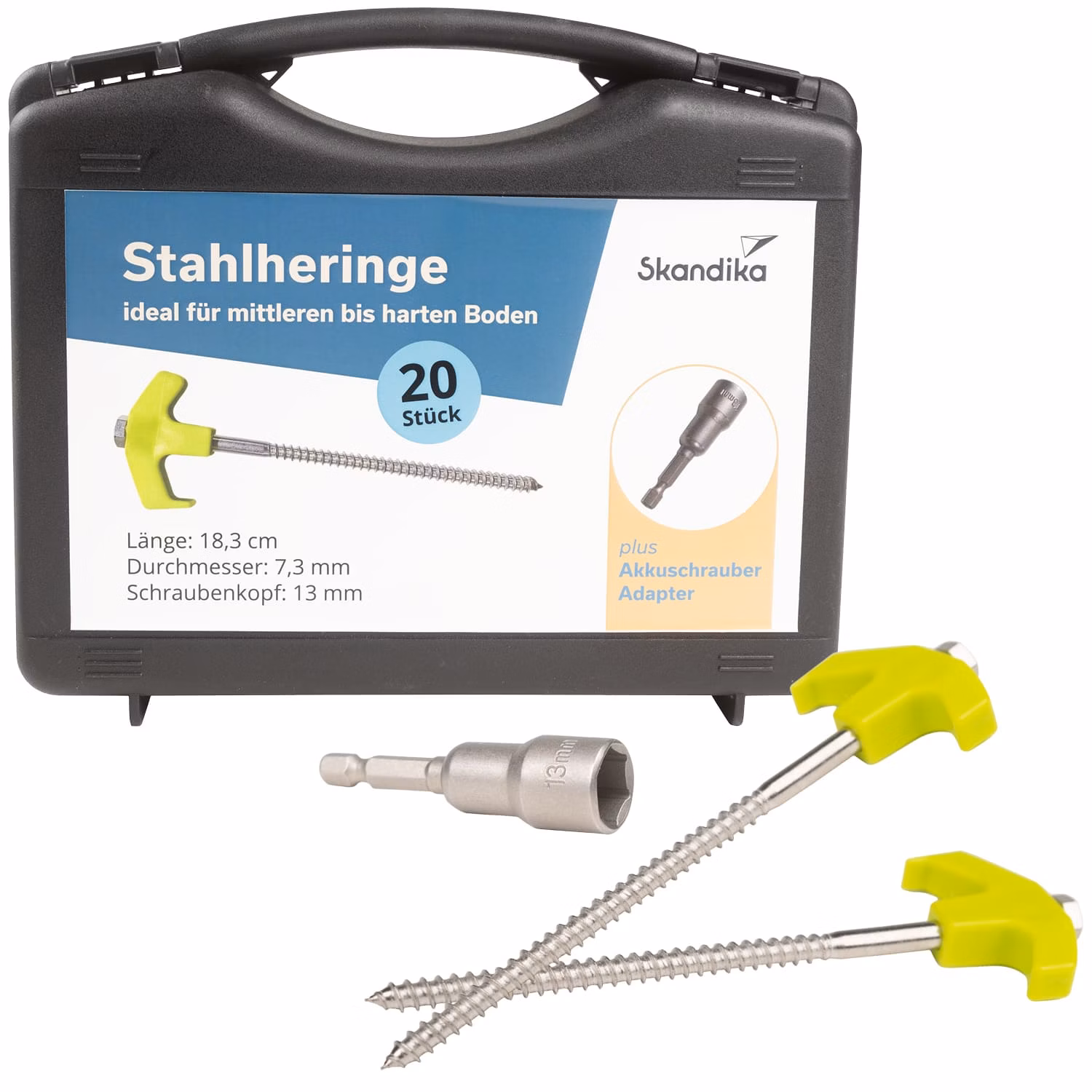Schwarze Aufbewahrungsbox mit grünem Griff und Inhalt: 20 Stahlheringe mit Schraubenkopf, Adapter für Akkuschrauber.