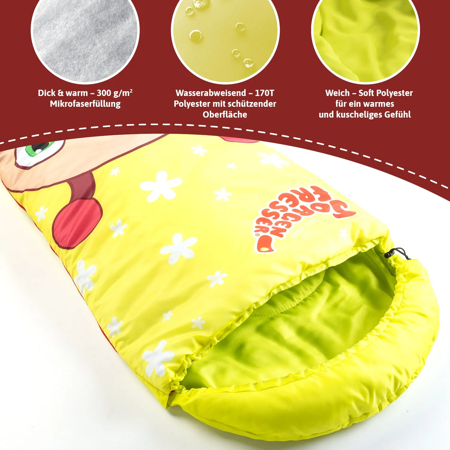 Gelber Schlafsack mit Blumenmuster und cartoonhaftem Gesicht. Innen aus grünem, weichem Material. Detaillierte Texturen und Materialien hervorgehoben.