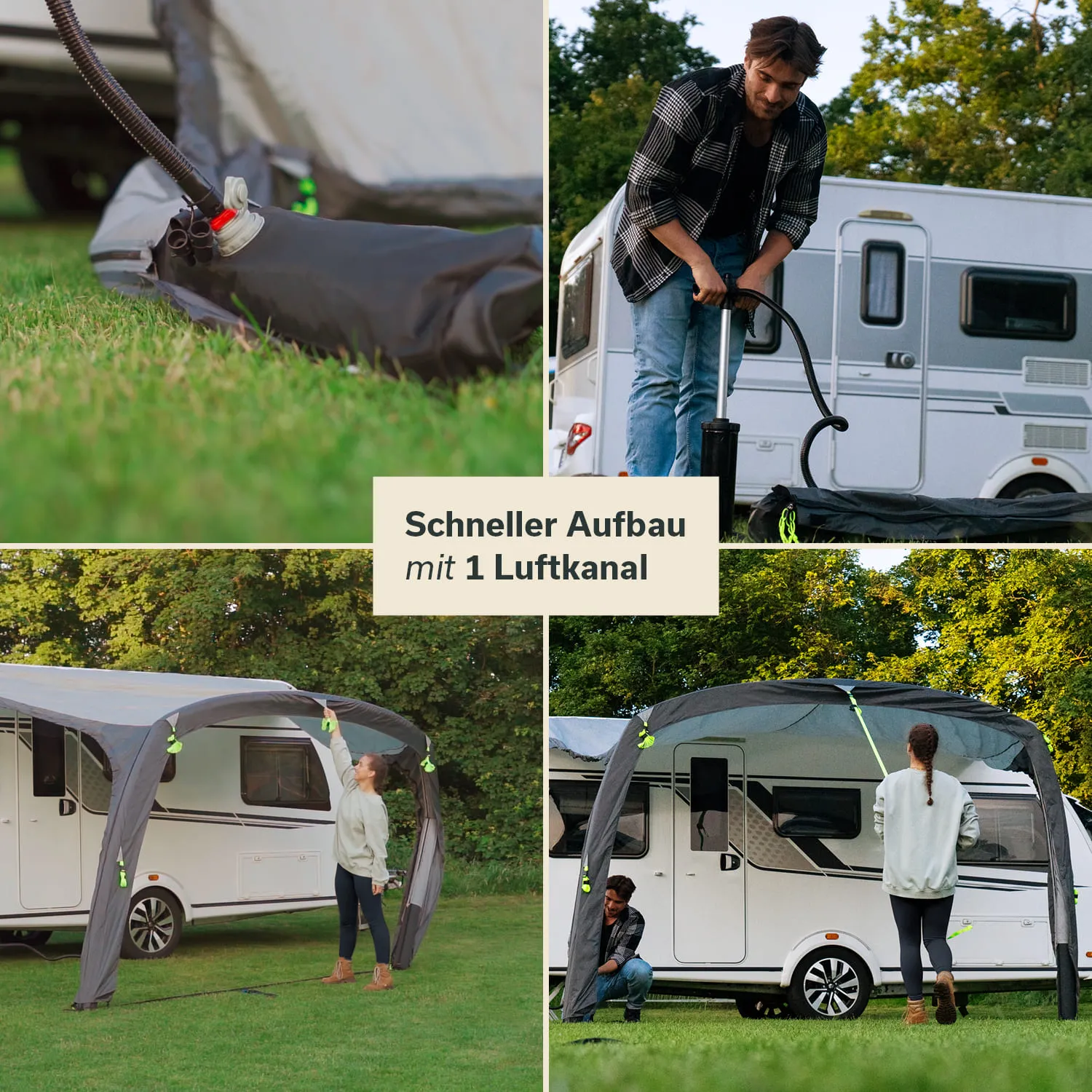 Luftzelt für Camping, aufgebaut neben einem Wohnwagen. Personen beim Aufbau und Arbeiten mit einer Pumpe.