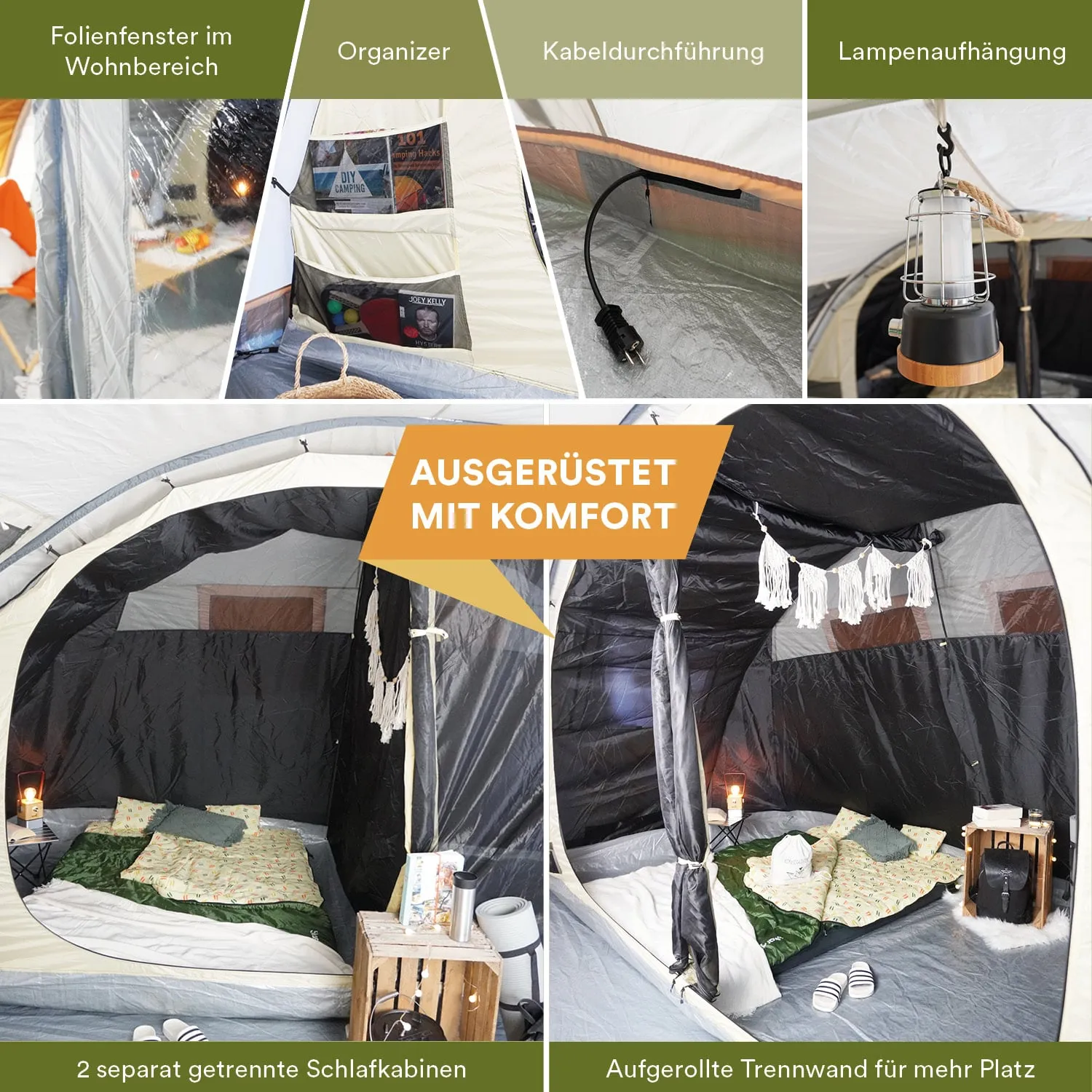 Zeltinterieur mit Folienfenstern, einem Organizer, Kabeldurchführung und Lampenaufhängung. Zwei separate Schlafkabinen sichtbar.