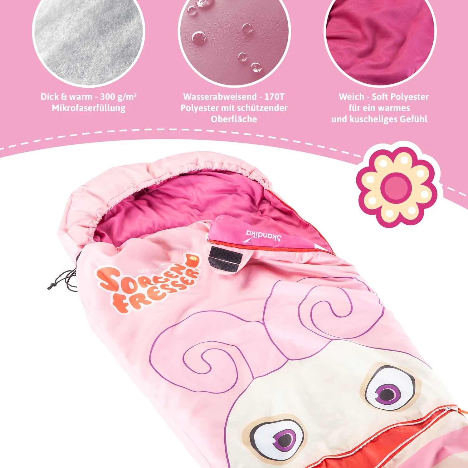 Kuschelschlafsack in Pink mit Farbdetails und tierischem Gesicht, umgeben von Informationsgrafiken zu Materialien und Eigenschaften.