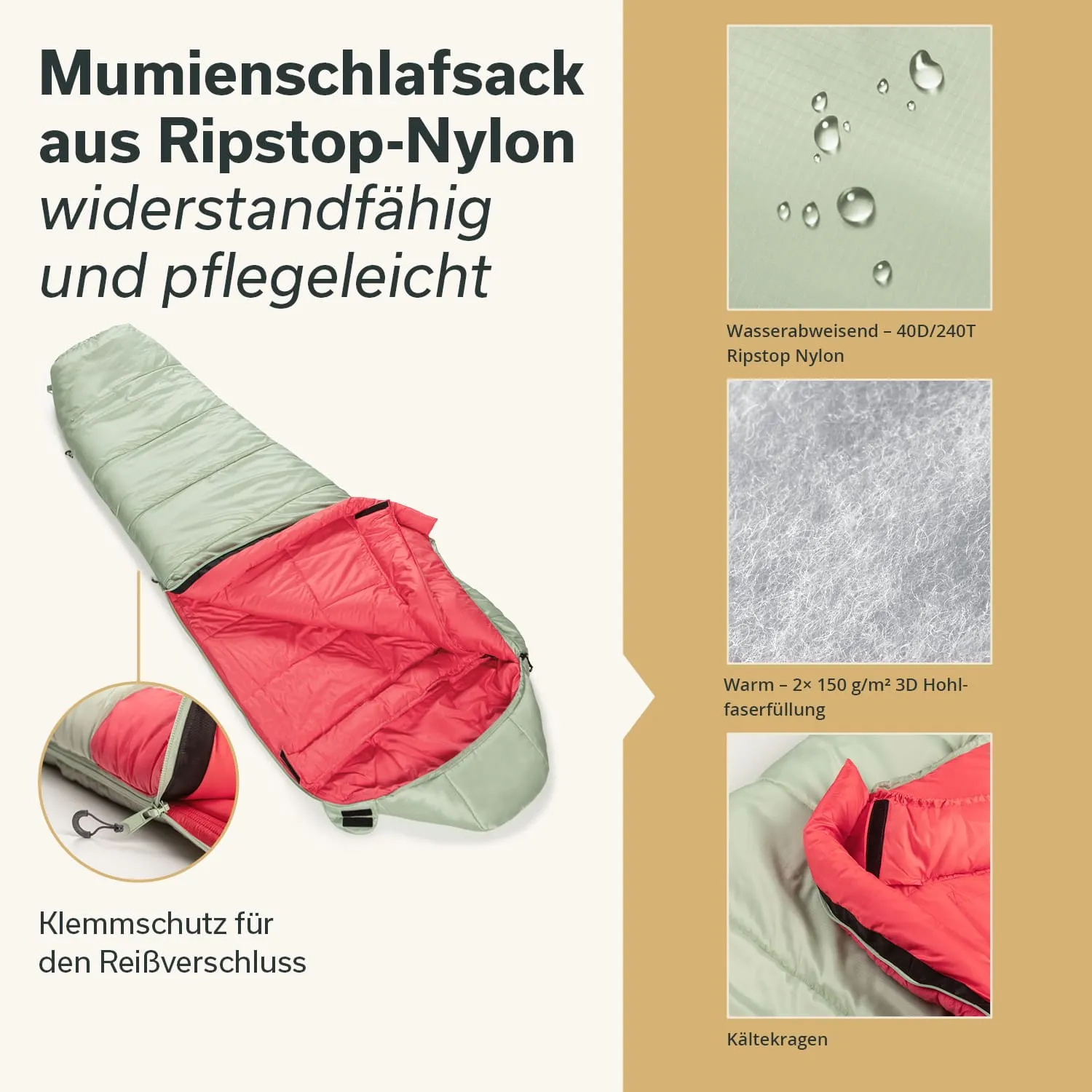 Mumien-Schlafsack aus Ripstop-Nylon in Grün und Rot, mit Reißverschluss, Kälteschutzkragen und Pflegehinweisen.