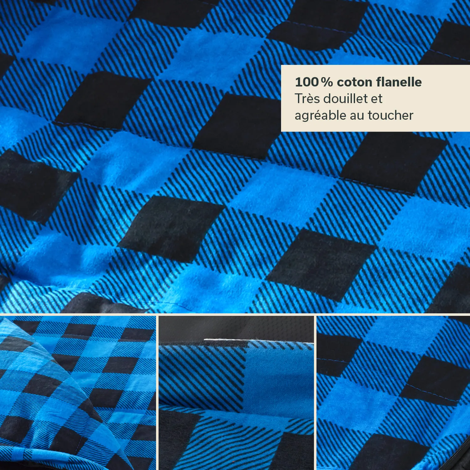 Karierter Stoff in Blau und Schwarz, bestehend aus quadratischen Mustern. Rechts Text über Material und Beschaffenheit.