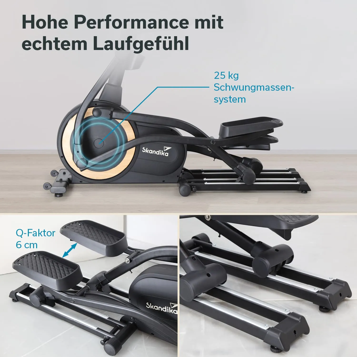Ellipsentrainer mit Schwungmassensystem (25 kg) und Q-Faktor (6 cm). Sichtbare Elemente: Pedale, Rahmen und Rad.