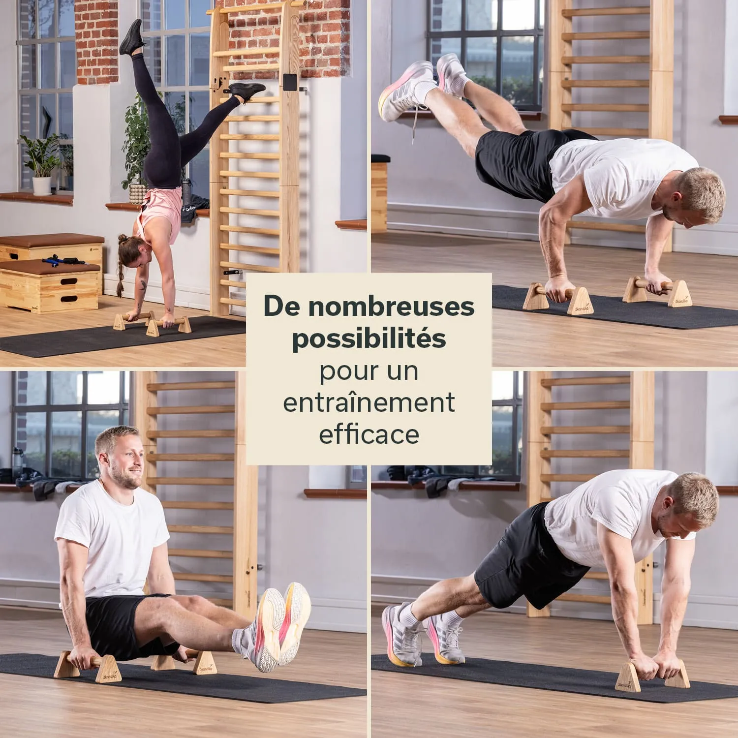 Fitnessbereich mit verschiedenen Übungen: Eine Person macht Handstand, eine andere Bankdrücken, eine sitzende Übung und eine mit einem прыгун.