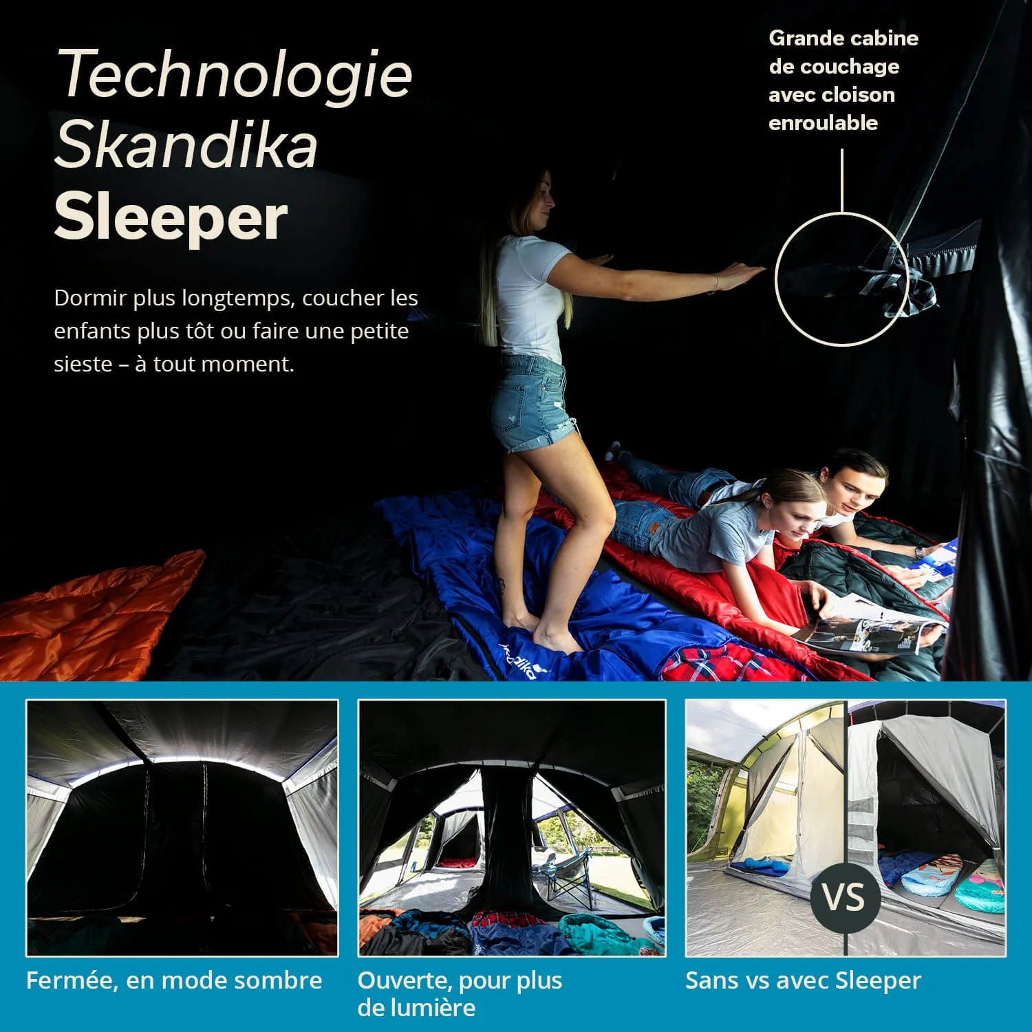 Schlafzimmer in einem Zelt mit bunten Schlafsäcken. Eine Person steht, während zwei andere lesen. Zeltöffnungen zeigen Licht.