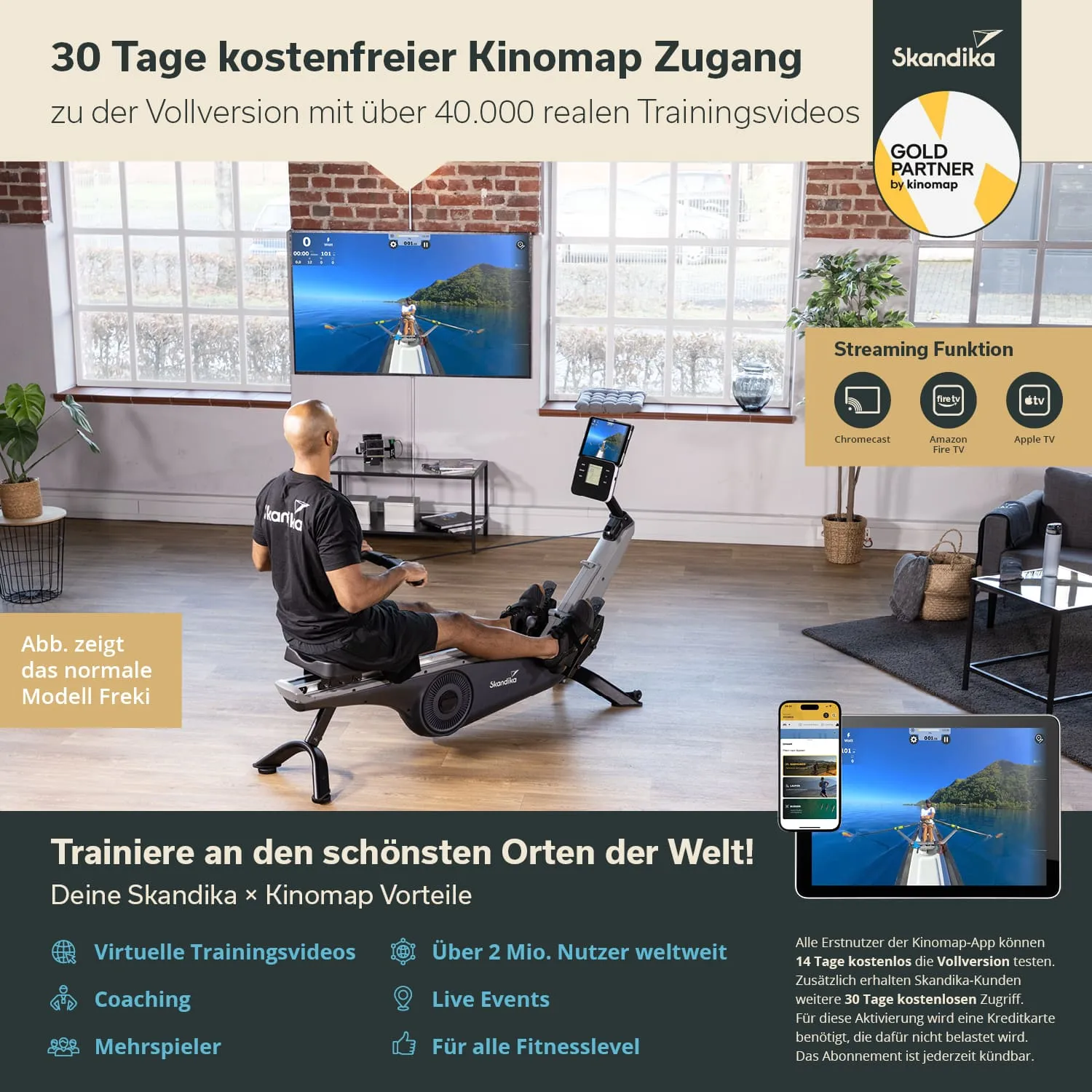 Person auf einem Rudergerät in einem modernen Raum, Bildschirm zeigt eine Landschaft. Werbung für Kinomap-Zugang.