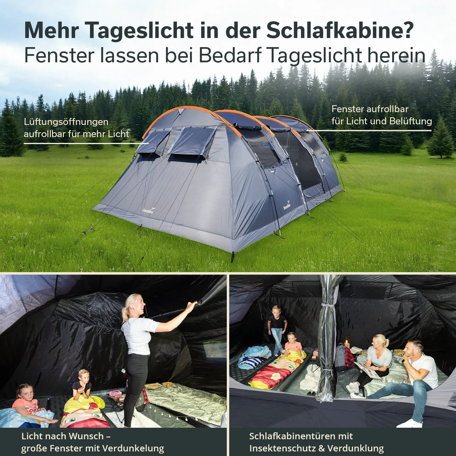 Zelt in einer Wiese mit mehreren Fenstern. Innenansicht zeigt Personen und Schlafplätze mit Decken und Matratzen.