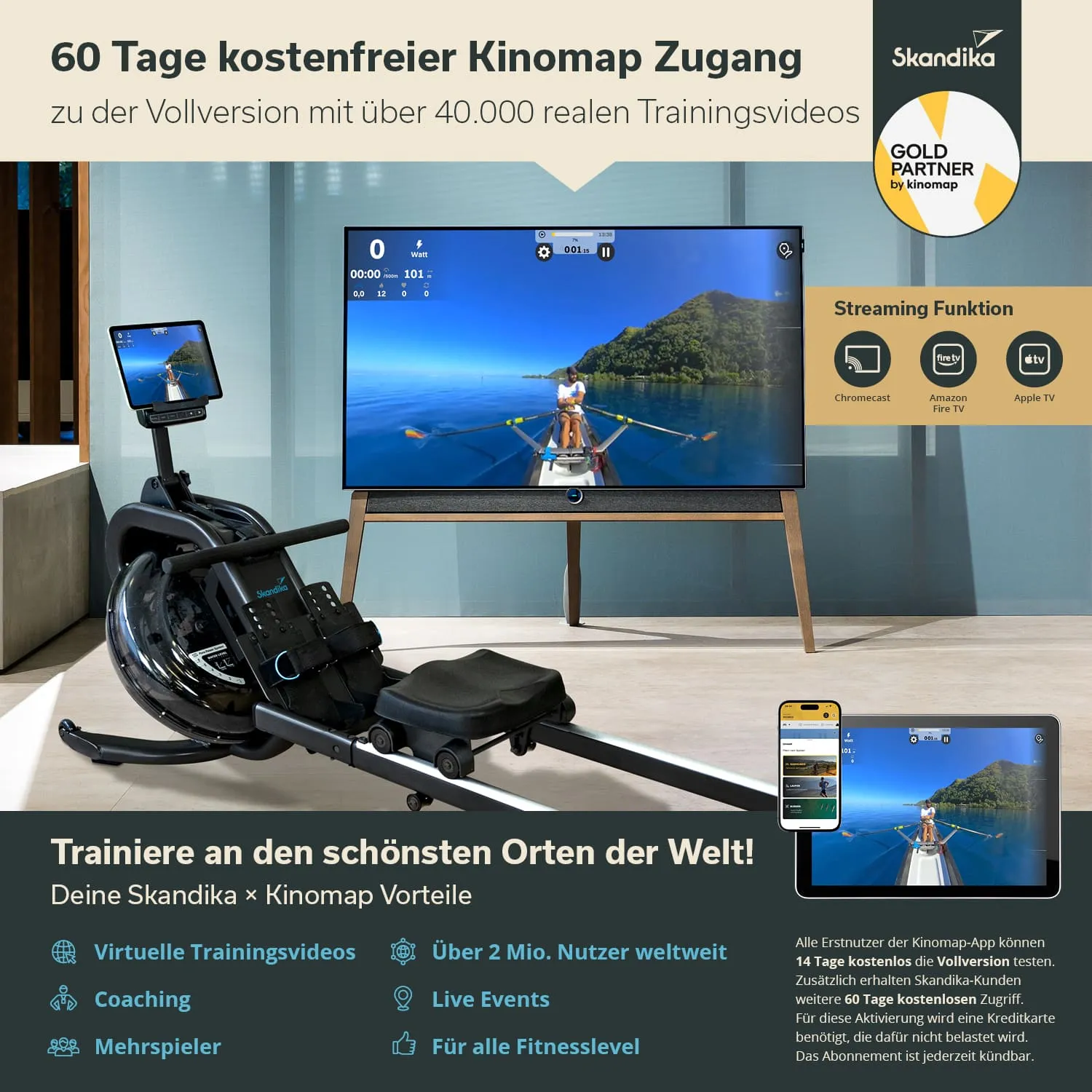 Ein Rudergerät steht im Vordergrund. Im Hintergrund ist ein Fernseher mit einem Sporttrainingsvideo sichtbar. Am Fernseher ist eine Anzeige mit Zeit- und Distanzinformationen. Rechts ist ein mobiles Gerät zu sehen, das ebenfalls das Video zeigt.