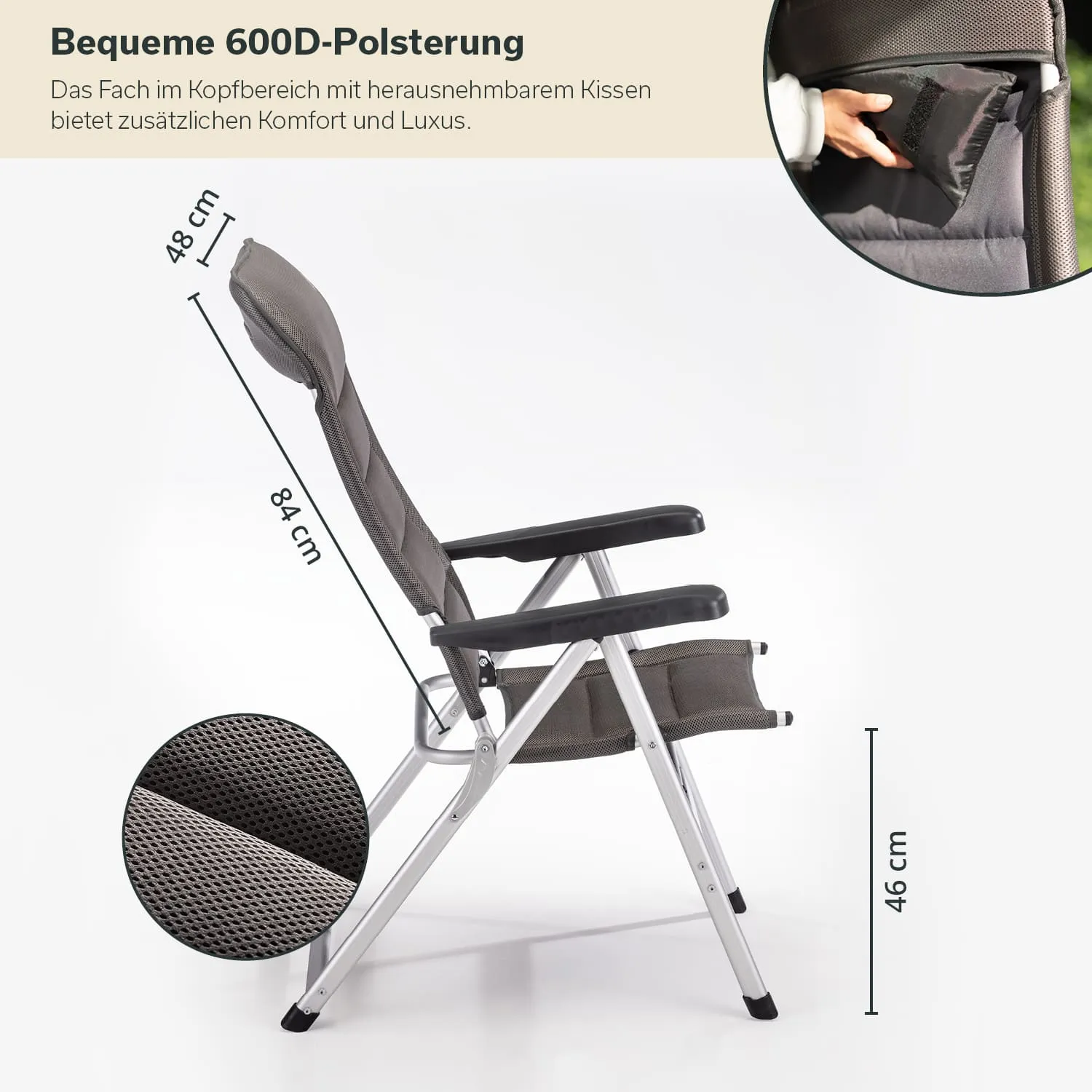 Grauer Klappstuhl mit herausnehmbarem Kopfkissen. Abmessungen: 84 cm Höhe, 46 cm Sitzhöhe. Untere Polsterung ist gezeigt.
