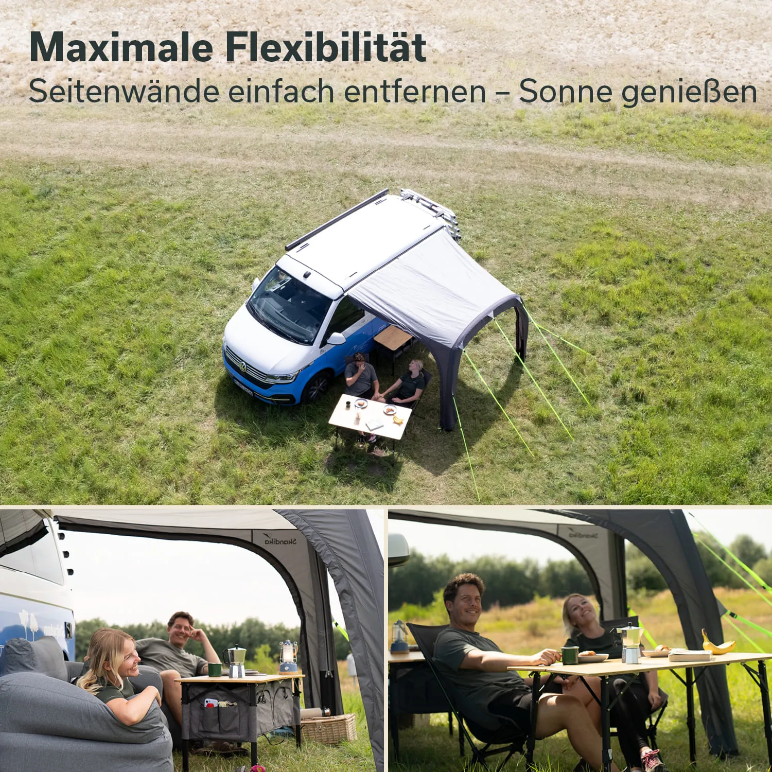 Zelt mit seitlichen Wänden, darunter sitzen zwei Personen an einem Tisch. Ein Fahrzeug steht daneben auf einer Wiese.