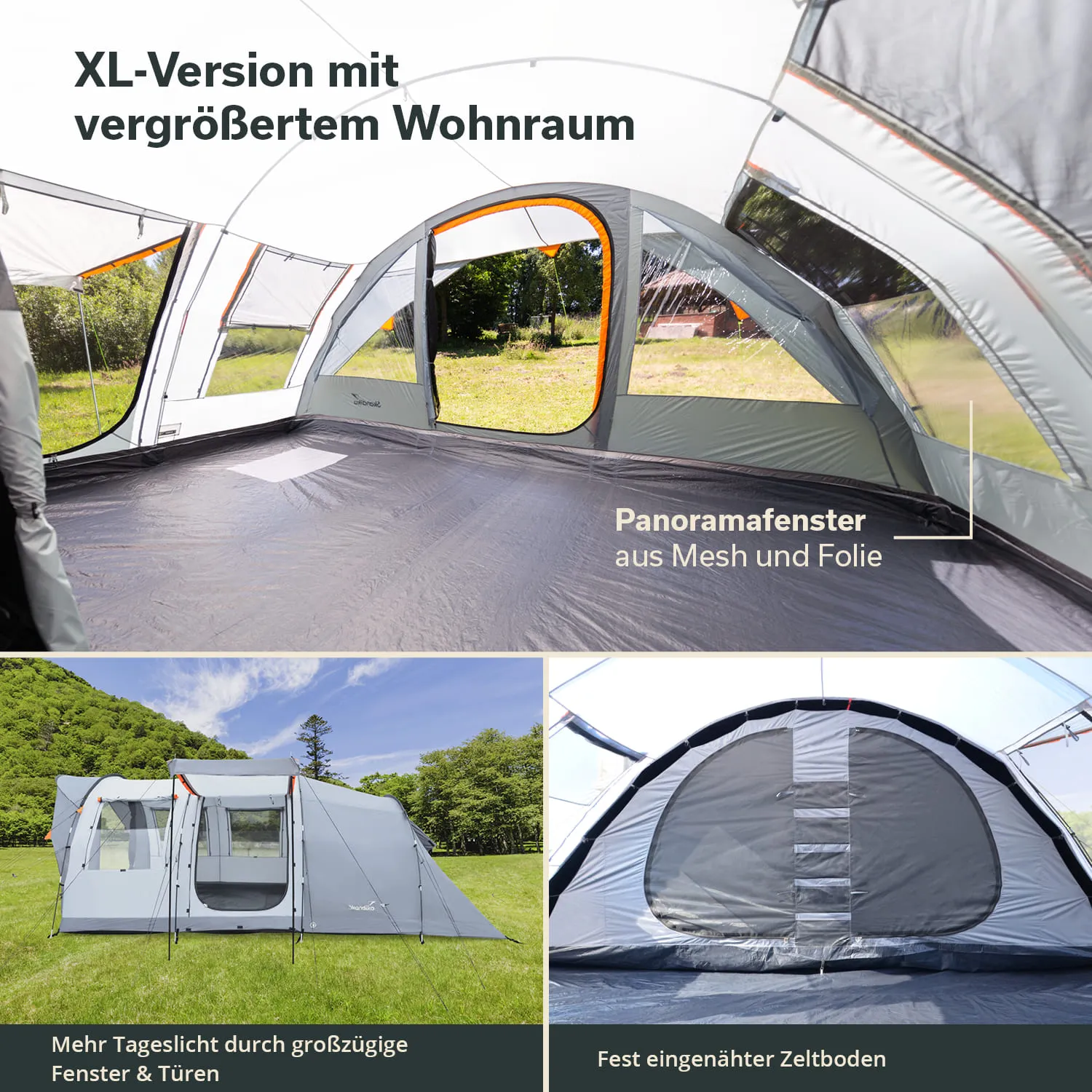 Zelt mit vergrößertem Wohnraum, unterteilt in Bereiche mit Fenstern, und einem festen Boden. Grün bewaldete Umgebung.