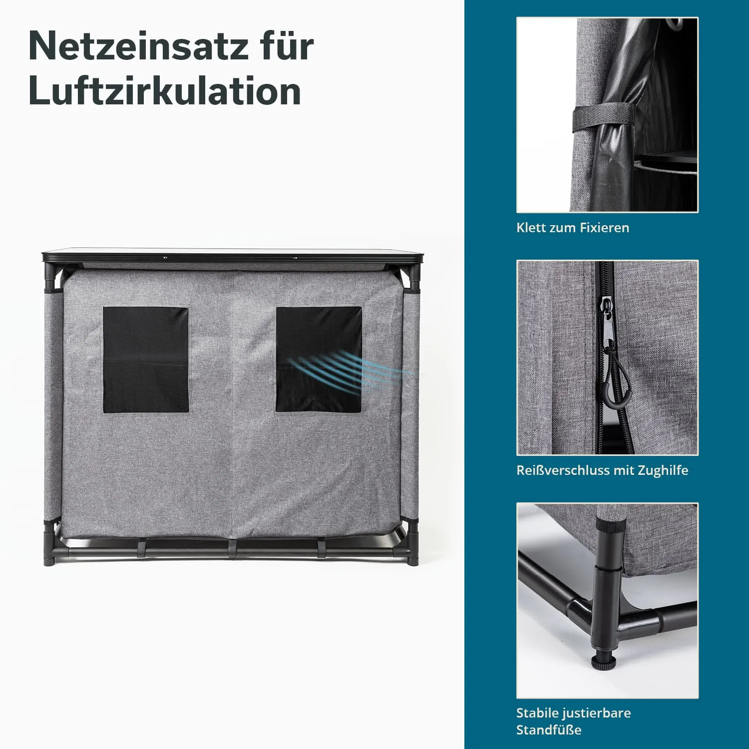 Netzeinsatz aus grauem Stoff mit zwei quadratischen Öffnungen. Details zu Klettverschluss, Reißverschluss und stabilen Standfüßen.