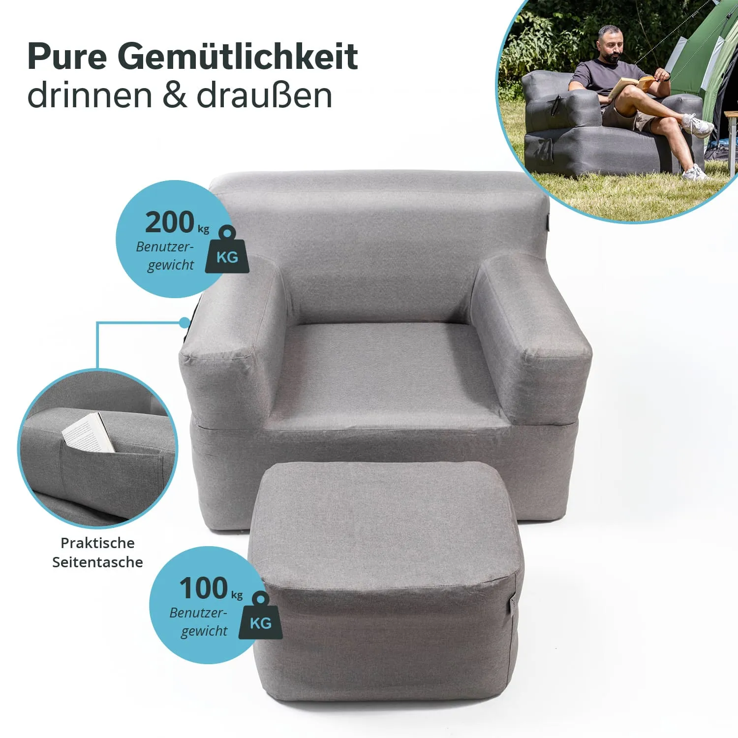 Grau gefütterter Sessel mit seitlicher Tasche und Hocker, beide für 100 kg nutzbar. Hintergrund mit Sitzendem und Zelt.