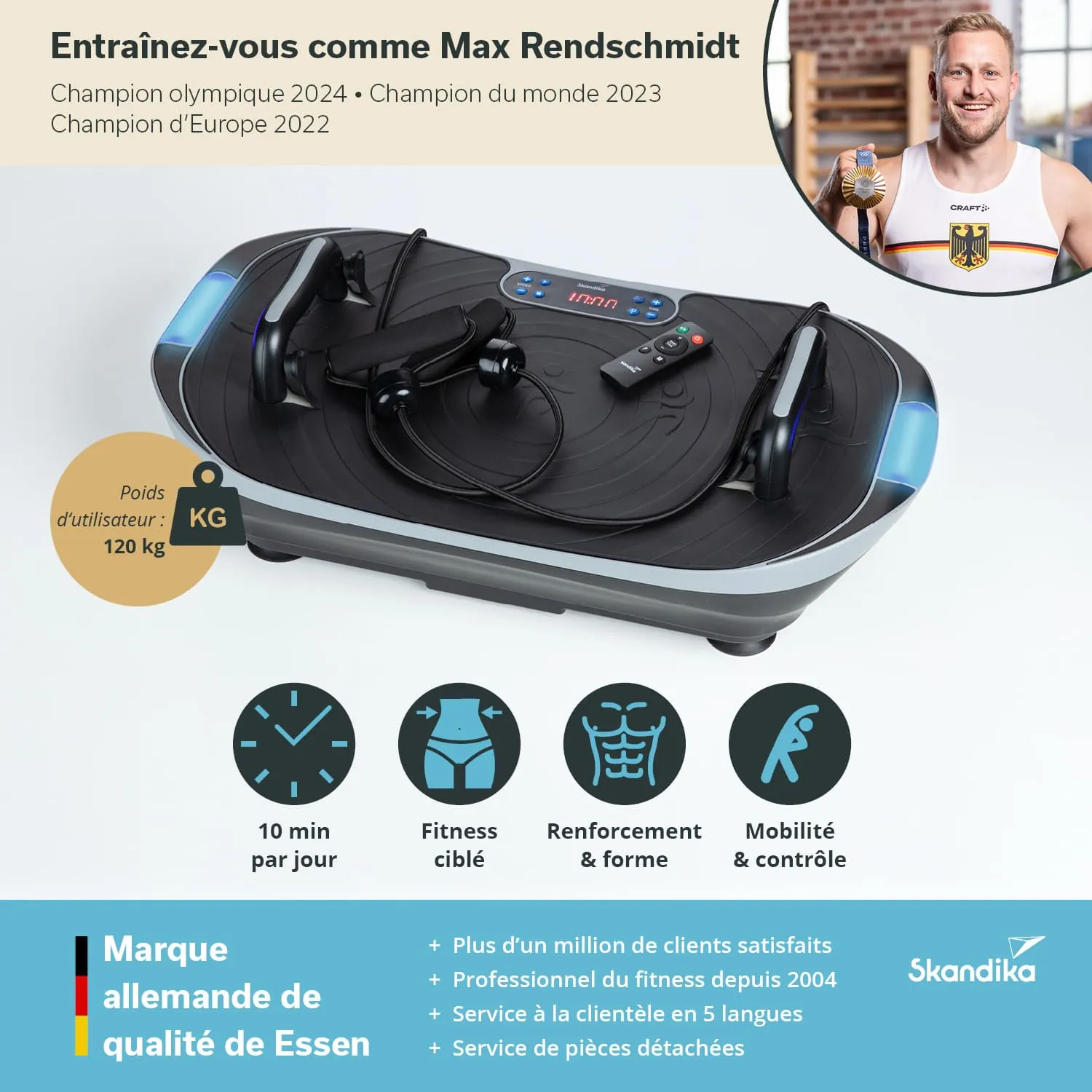 Vibrationsgerät mit Display, Fernbedienung und Kopfhörern, daneben ein Foto eines Mannes mit Medaille. Textelemente und Icons für Fitness.