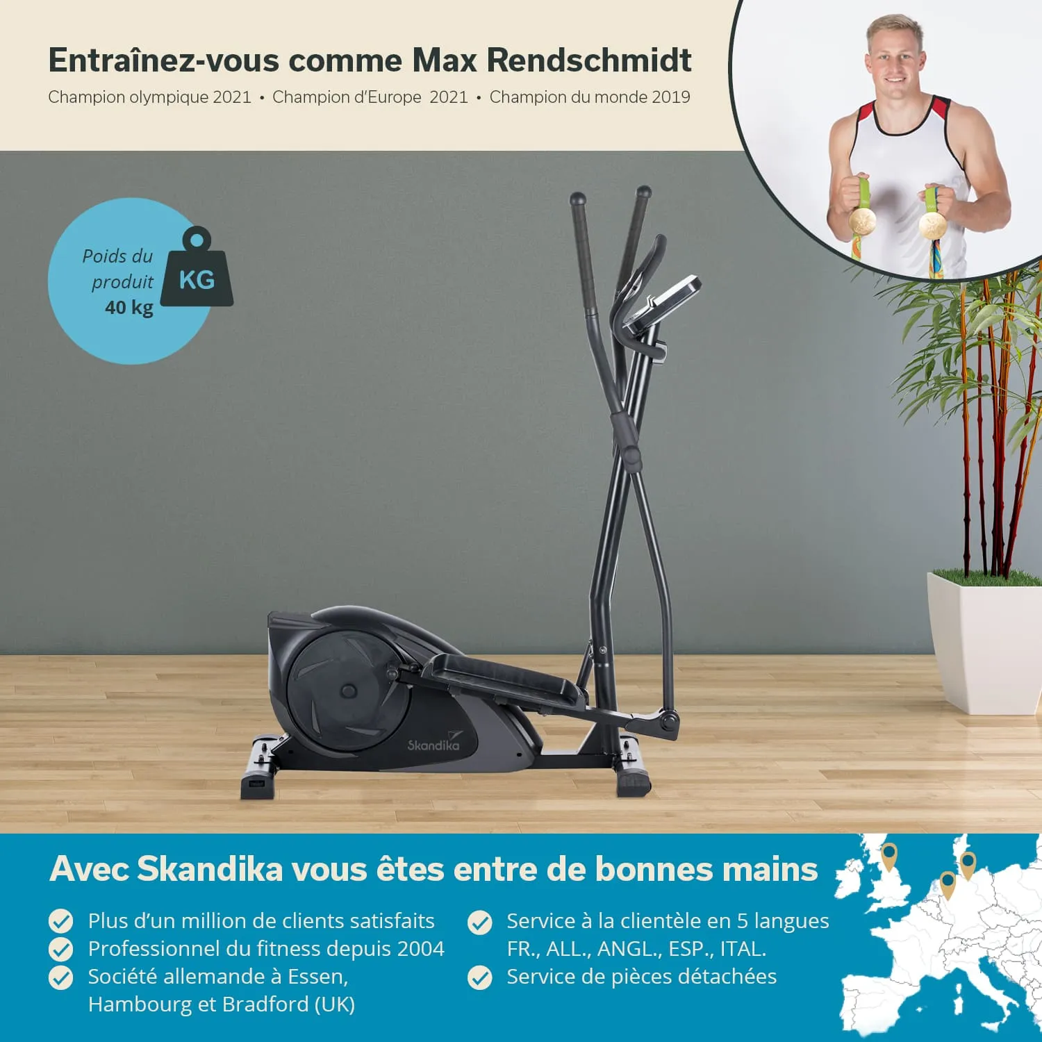 Fahrradergometer auf einem Holzboden vor einer grünen Wand, mit einer Pflanze im Hintergrund. Informationen zu einem Fitnessprodukt.