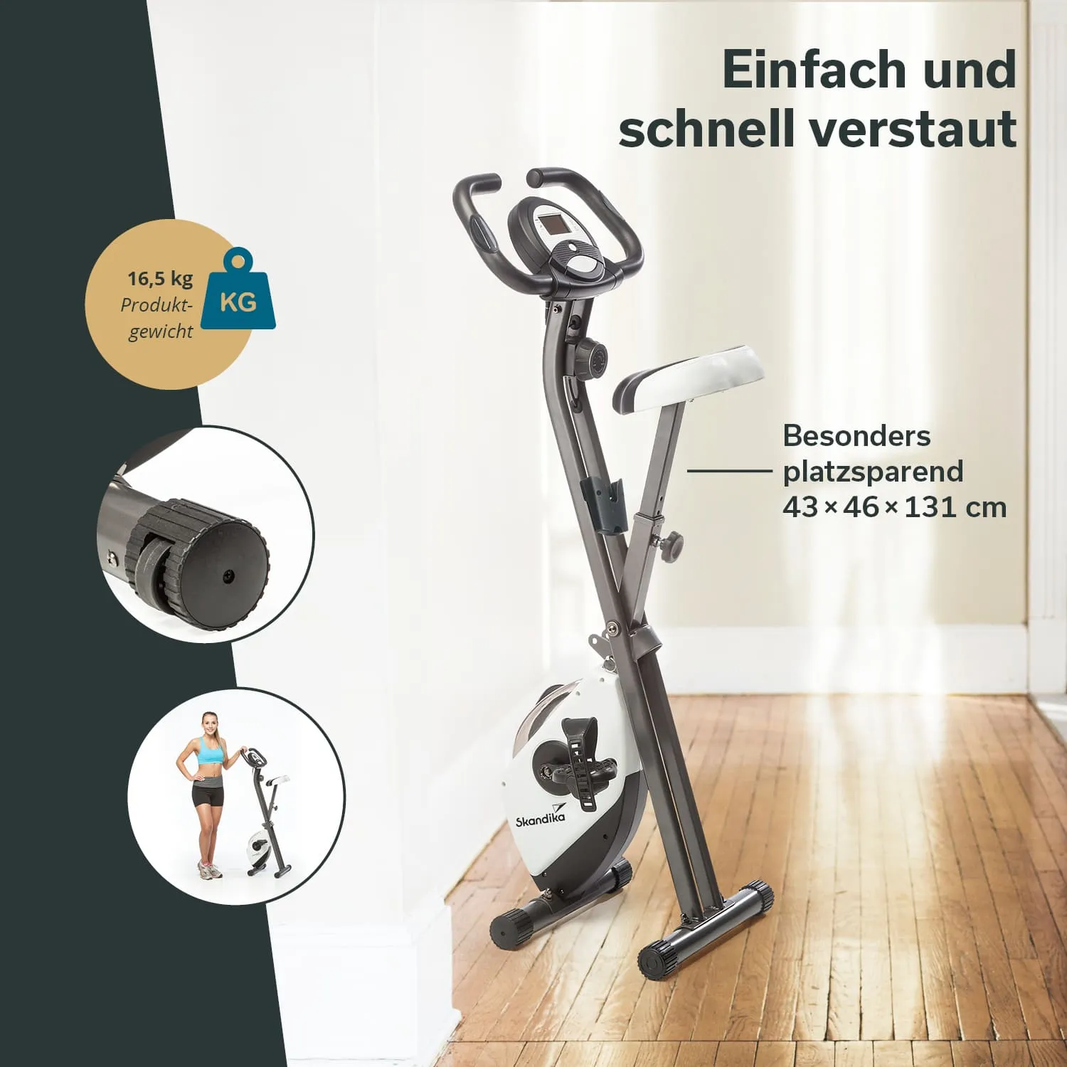Faltbares Fitnessgerät mit einem digitalen Bildschirm und stabilen Pedalen, in einem hellen Raum auf Holzfußboden platziert.