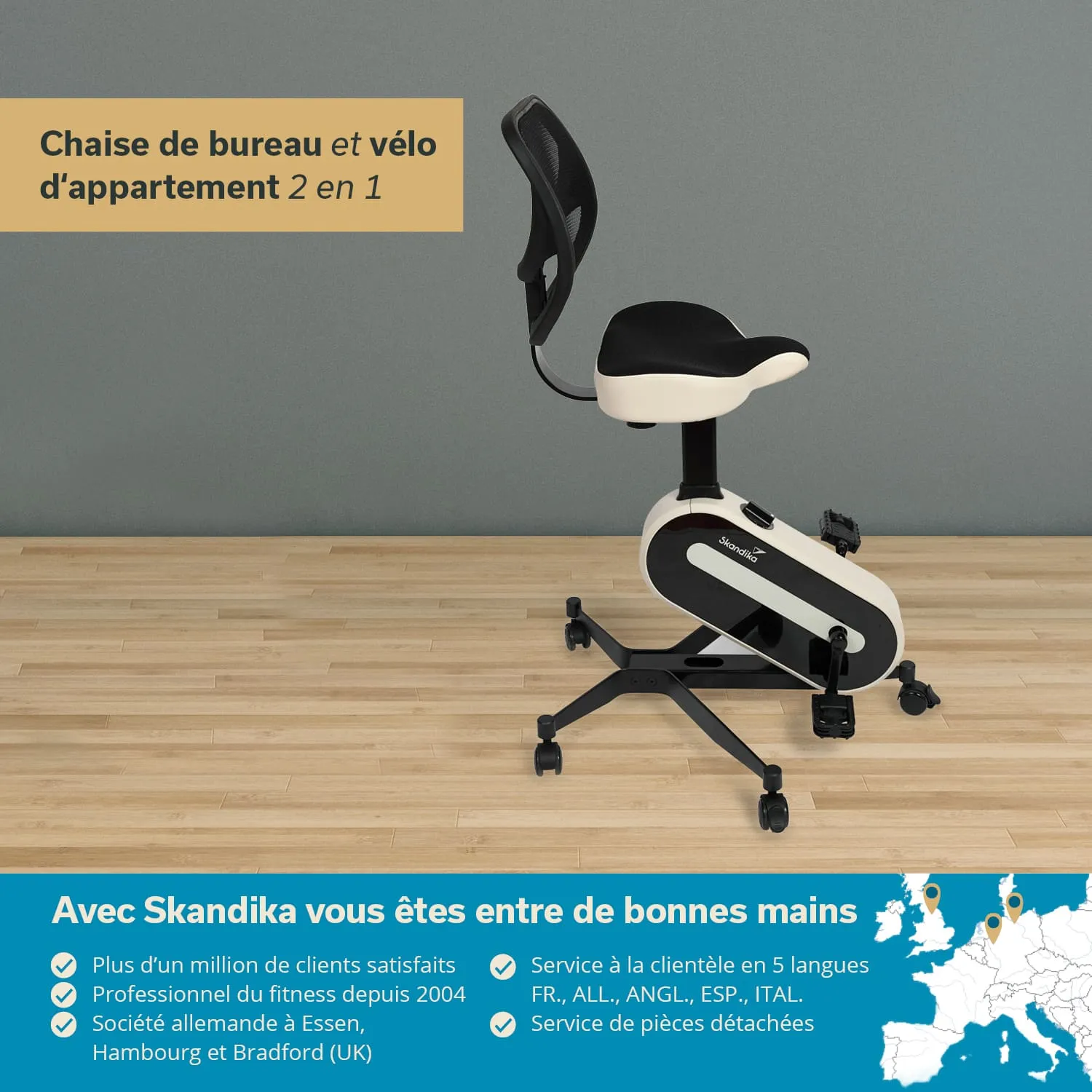 Bürostuhl mit integrierter Pedaleinheit, schwarze Sitzfläche, graue Rückenlehne, auf Holzfußboden.