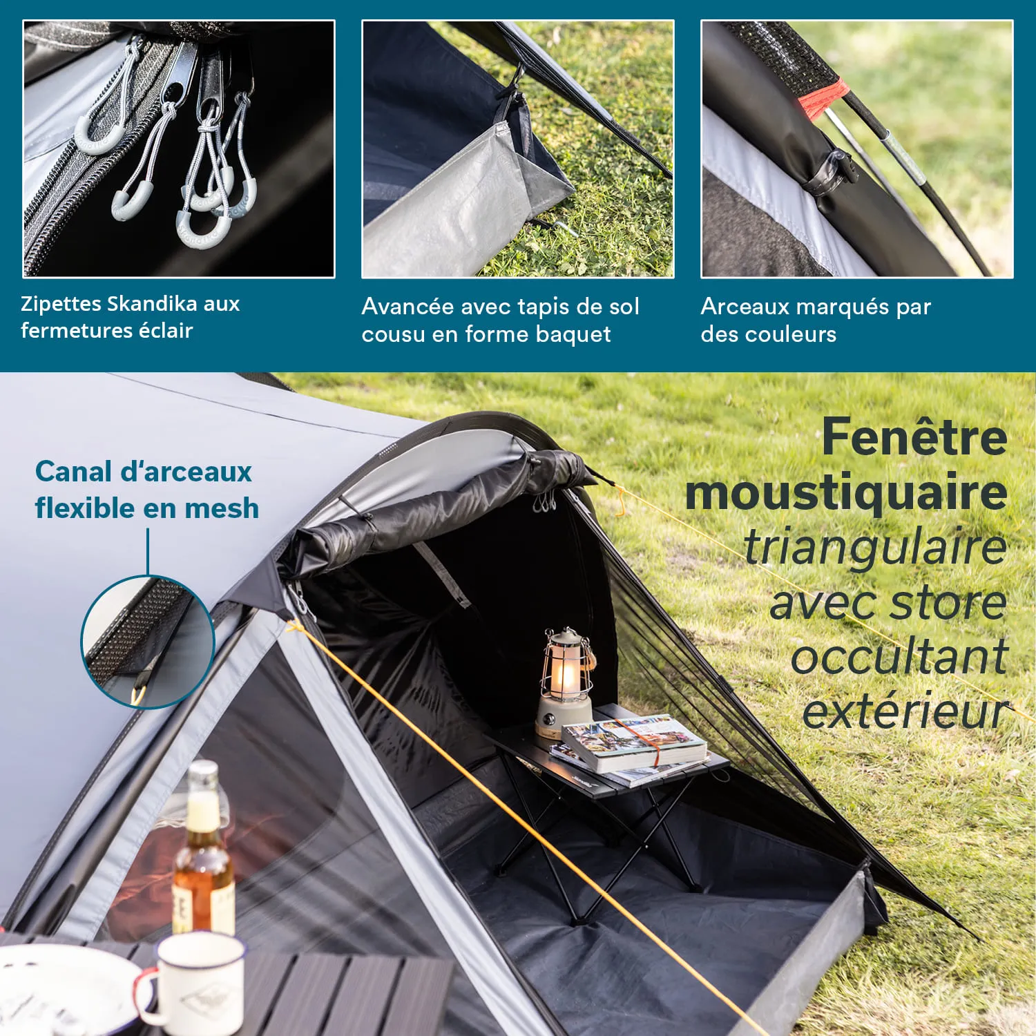 Zelt im Freien mit Triangel-Moskitonetz, Tisch, Lampe und auf dem Boden liegenden Getränken sowie Zeitschriften.