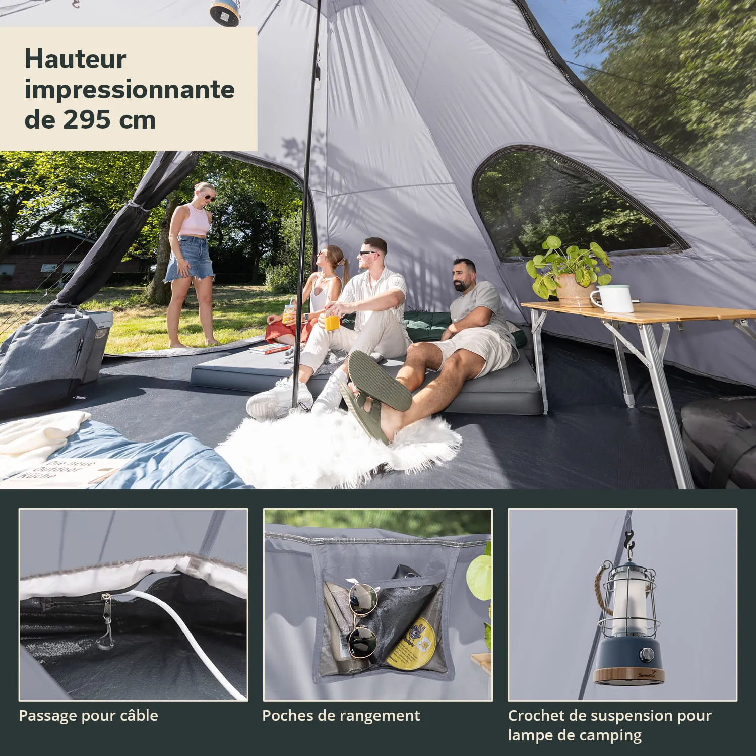 Zelt mit hoher Decke, darin sitzende Personen, Entspannungsutensilien, Tisch und Pflanzen. Details: Kabeldurchlass, Taschen, Lampenaufhängung.
