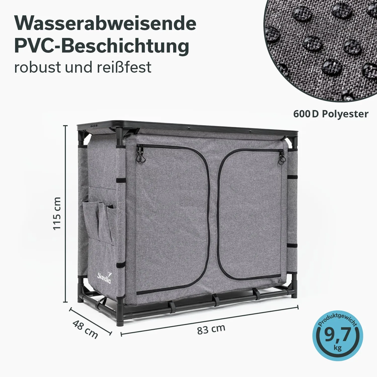 Grauer Aufbewahrungsschrank aus 600 D Polyester, wasserabweisend, mit zwei Türen und seitlicher Tasche. Maße: 115 cm x 83 cm x 48 cm. Gewicht: 9,7 kg.