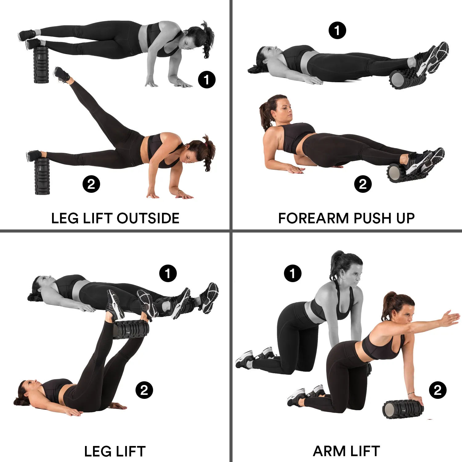 Vier Trainingsübungen sind dargestellt: oben links "Leg Lift Outside", oben rechts "Forearm Push Up", unten links "Leg Lift" und unten rechts "Arm Lift".