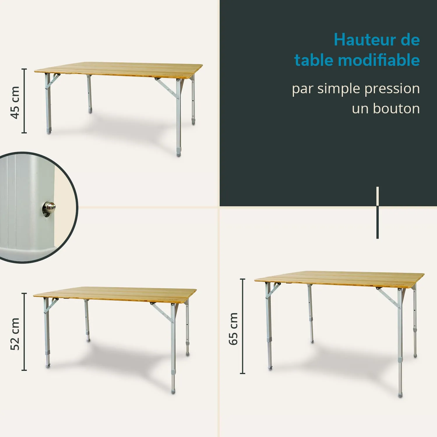 Ein klappbarer Tisch in drei Höhen (45 cm, 52 cm, 65 cm) mit einer Holzplatte und silbernen Beinen.