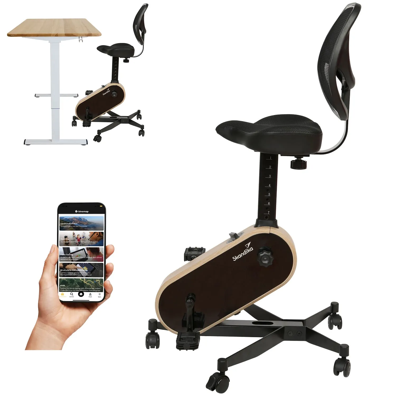 Ein höhenverstellbarer Schreibtisch steht neben einem Bürostuhl mit Pedalen. Außerdem wird ein Smartphone in einer Hand gehalten.