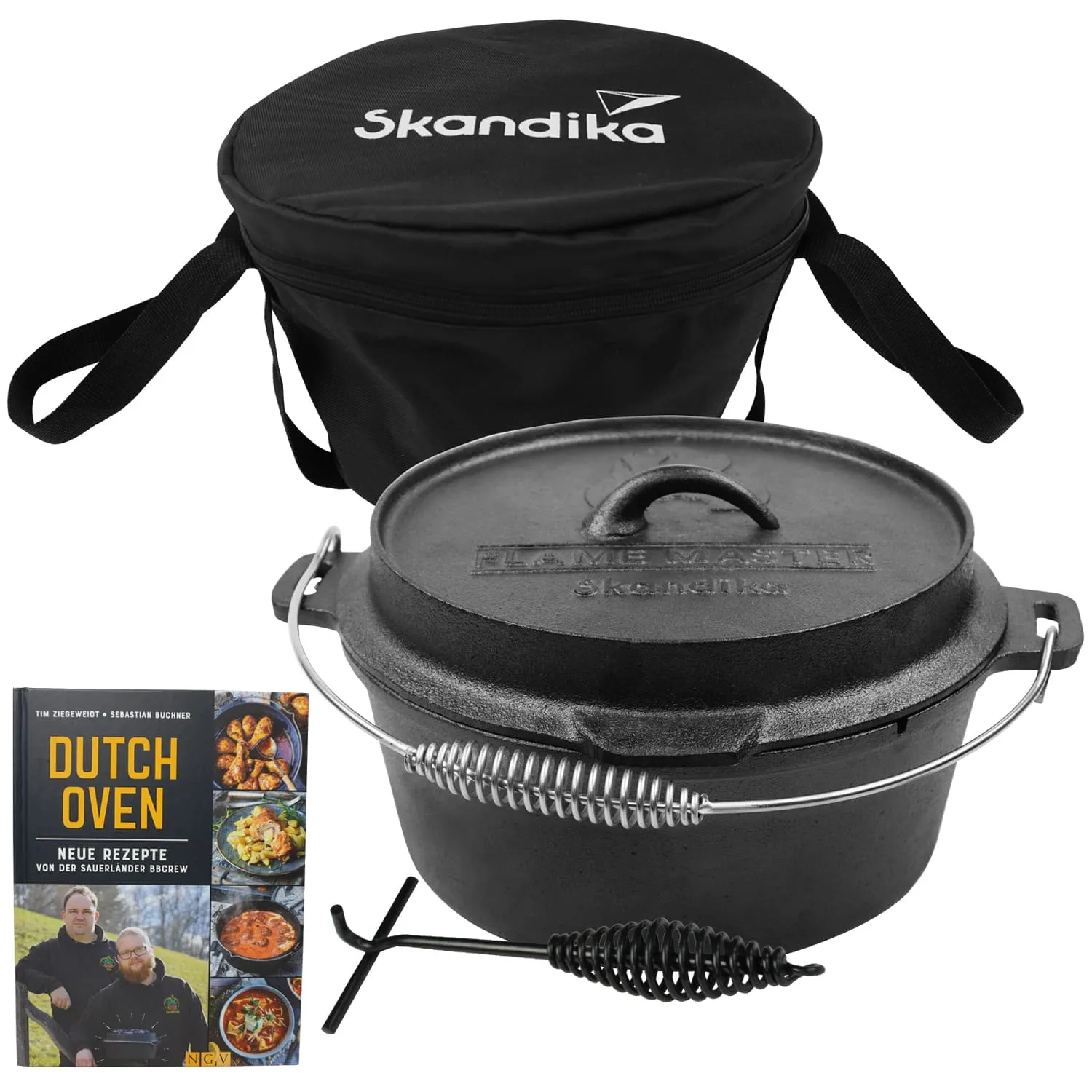 Dutch Oven aus Gusseisen mit Deckel und Haltegriff, daneben ein schwarzer Tragebeutel und ein Rezeptbuch mit dem Titel „Dutch Oven“.