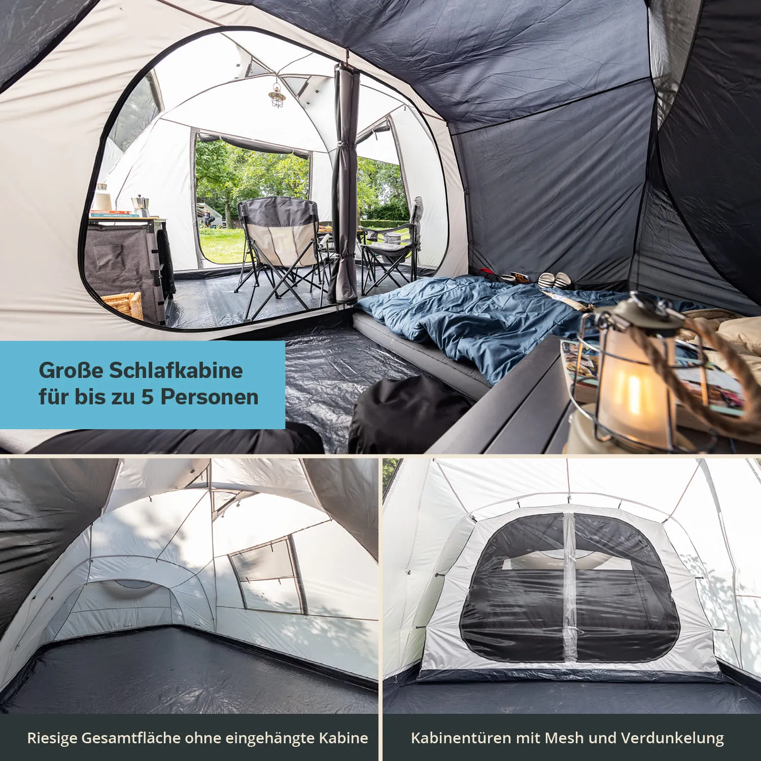 Zeltinnenansicht mit Schlafkabine für bis zu 5 Personen, Schlafsack, Campingstühle und Laterne. Helle Fenster.