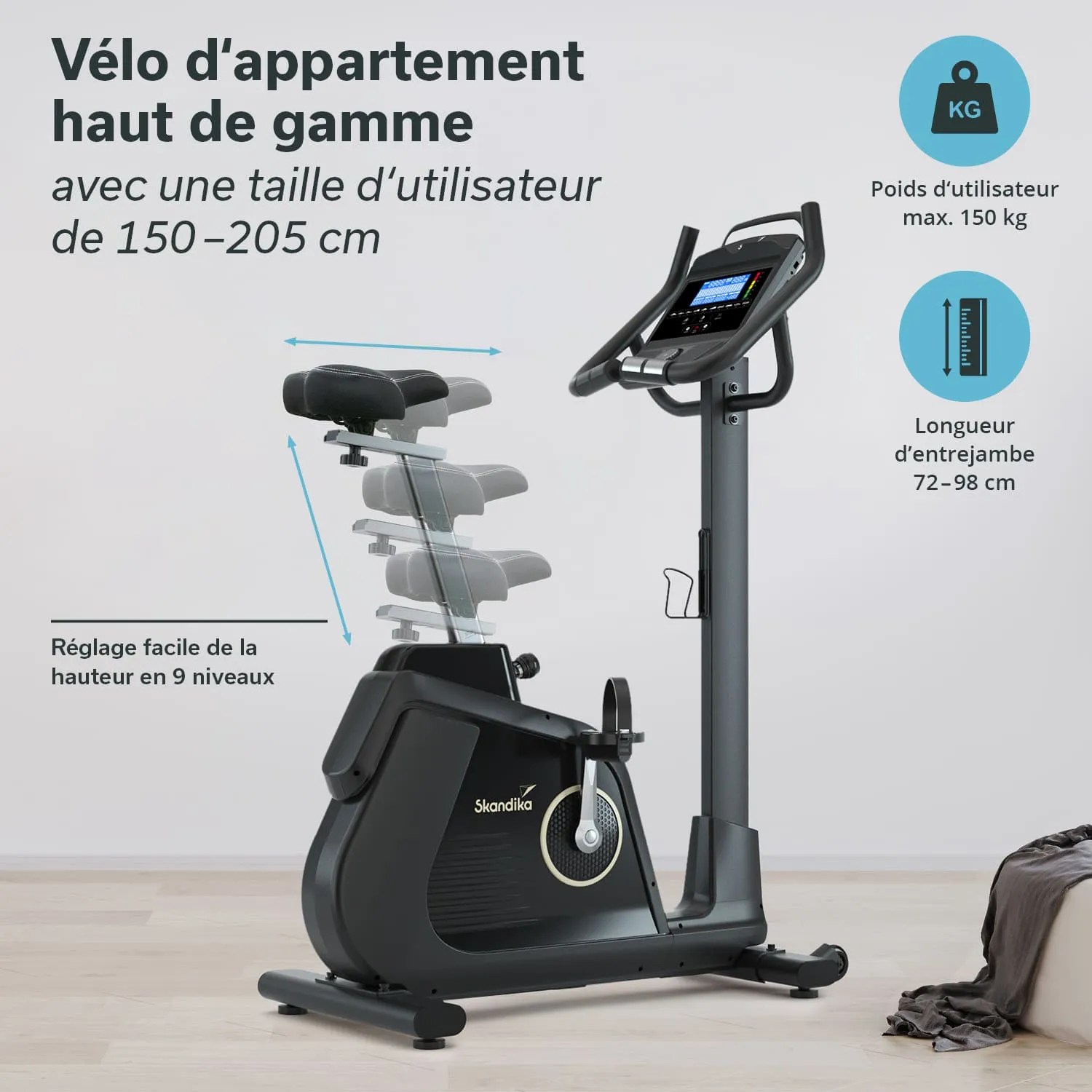 Heimtrainer mit verstellbarem Sitz in mehreren Höhen, max. Nutzergewicht 150 kg, und Angaben zur Beinlänge.