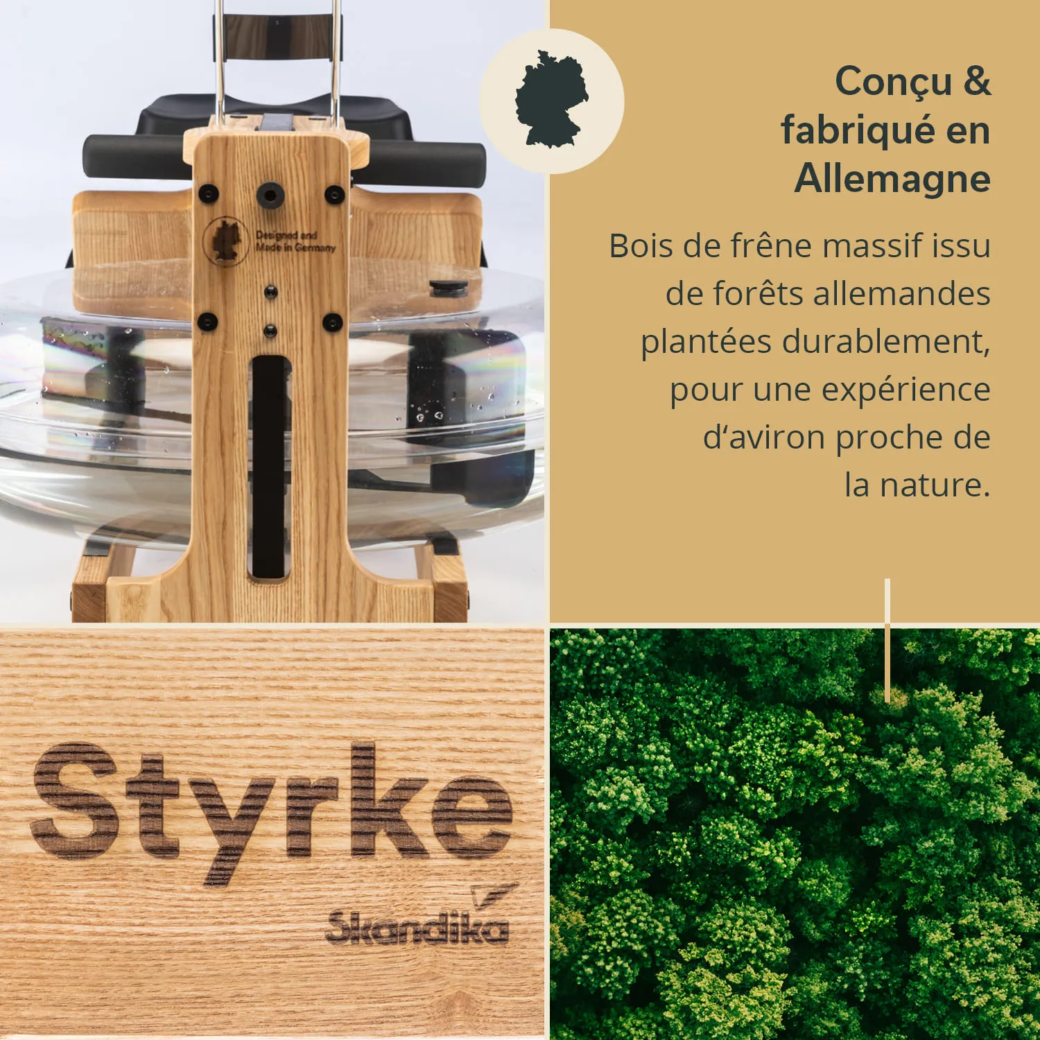 Rudergerät aus massivem Eschenholz mit Wasserbehälter, beschriftet mit „Styrke“ und Informationen zu nachhaltiger Produktion.