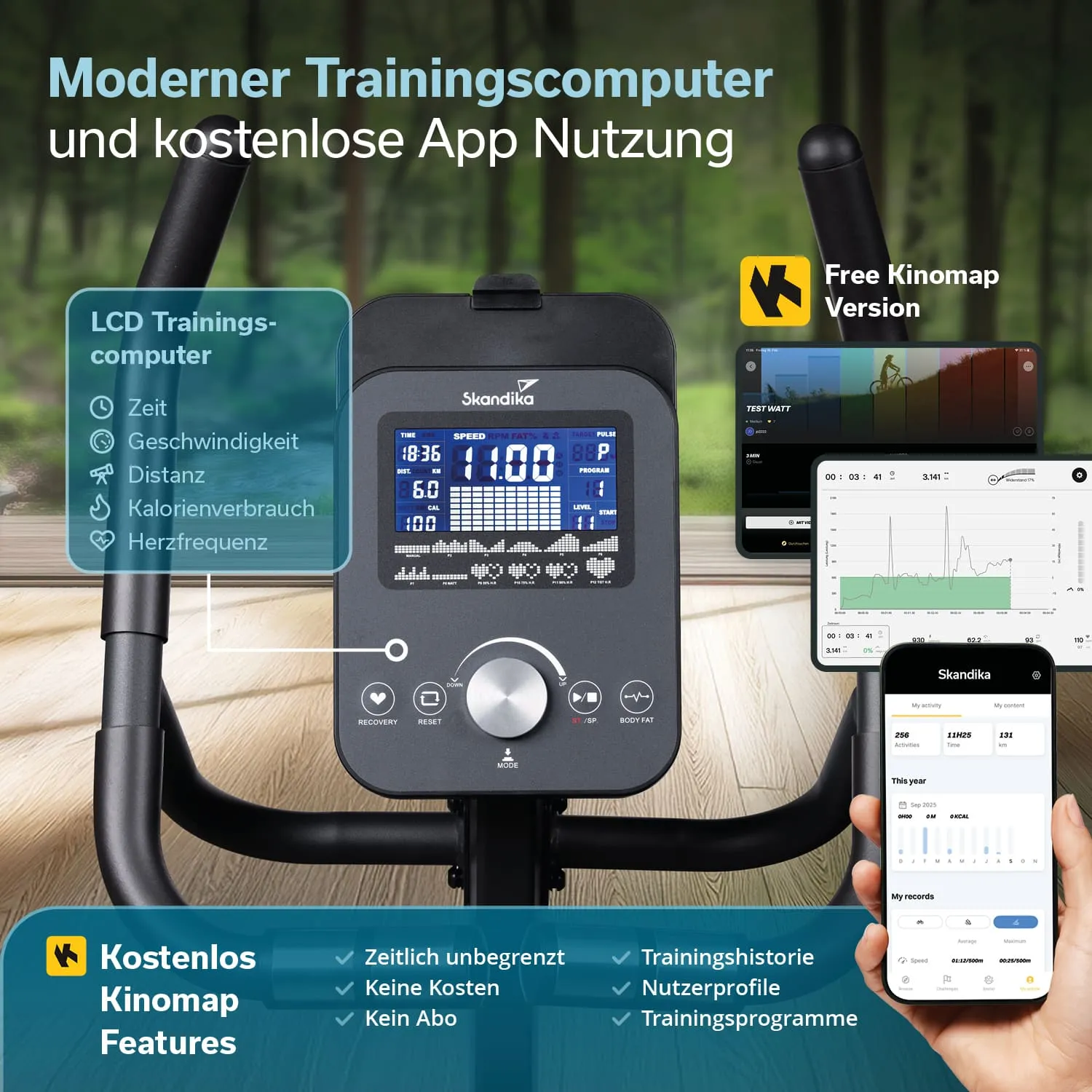 LCD-Trainingscomputer mit Anzeige für Zeit, Geschwindigkeit, Distanz, Kalorienverbrauch und Herzfrequenz. Apps und Features beschrieben.