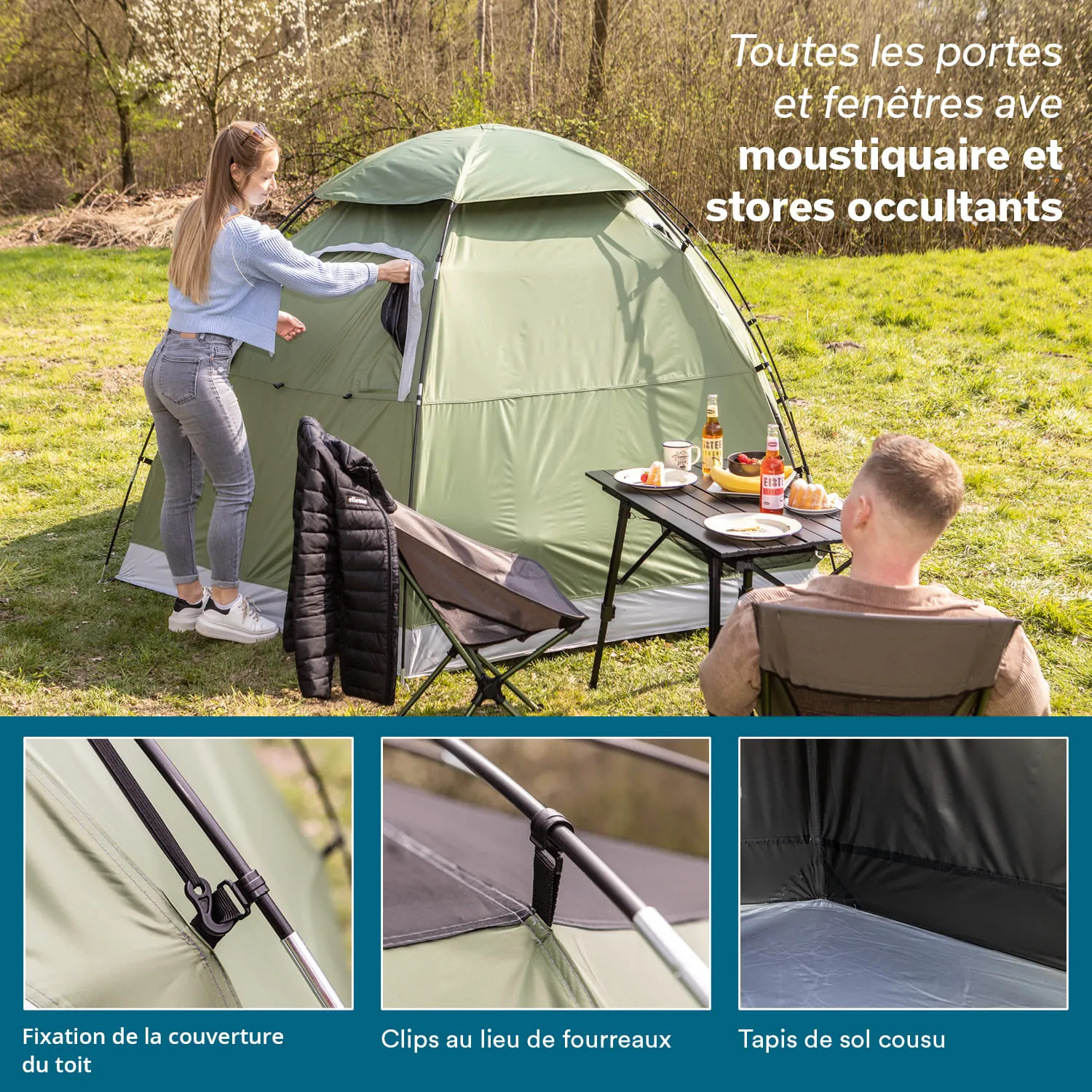Zelt in der Natur mit einer Person, die ein Fenster öffnet. Neben dem Zelt steht ein Tisch mit Snacks und Getränken.