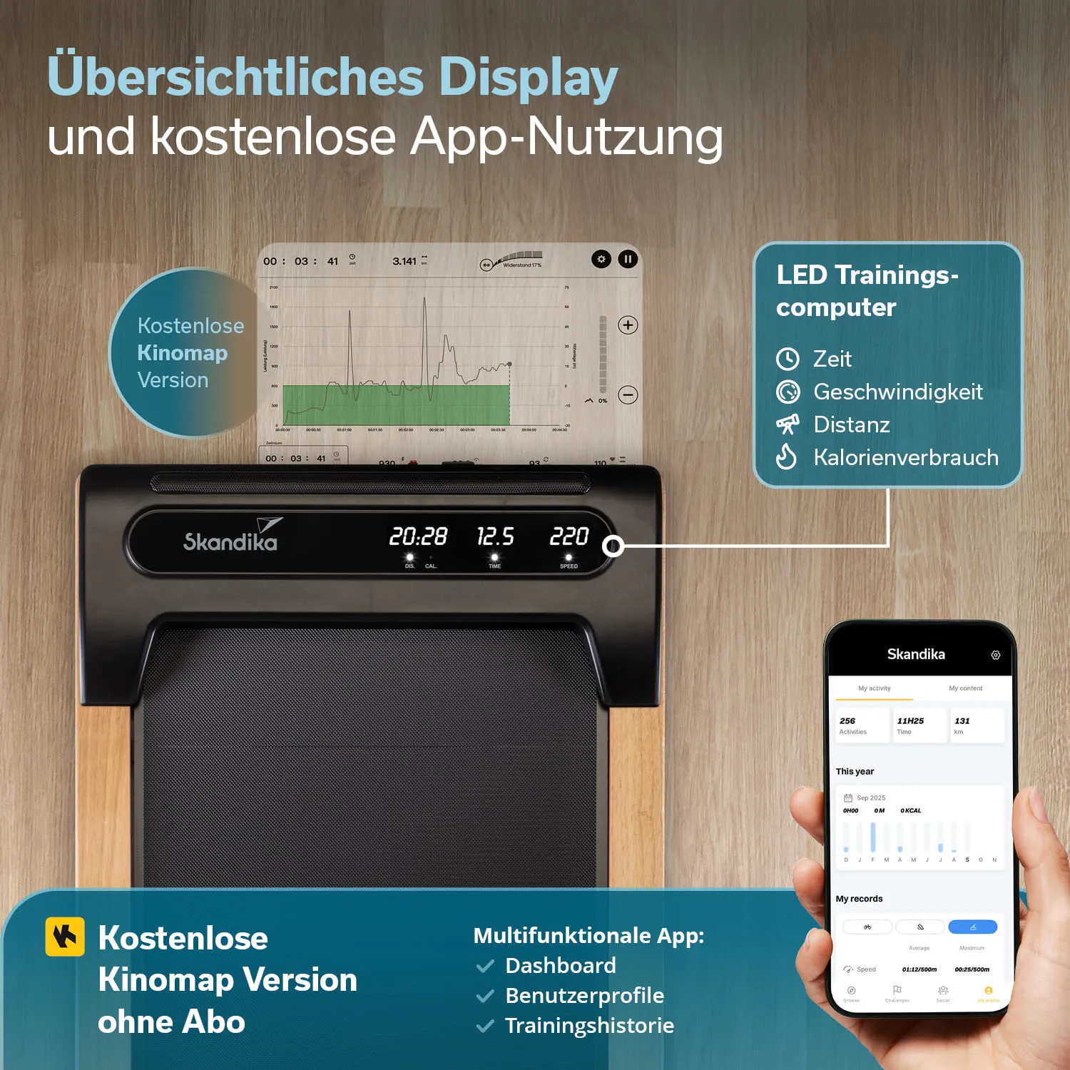 Ein Fitnessgerät mit einem digitalen Display zeigt Zeit, Geschwindigkeit, Distanz und Kalorienverbrauch. Daneben ist eine App-Oberfläche sichtbar.