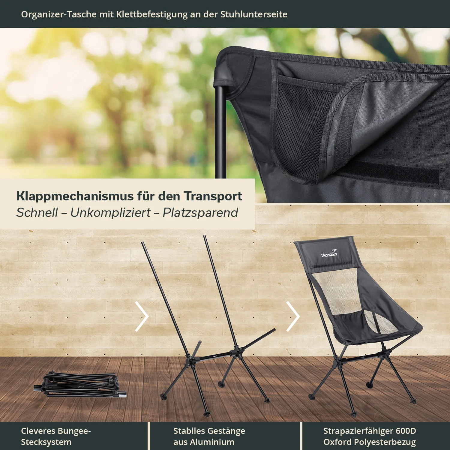Schwarze Campingstuhl mit organiser Tasche und Klappmechanismus, umgeben von einem Holzboden und einer natürlichen Umgebung.