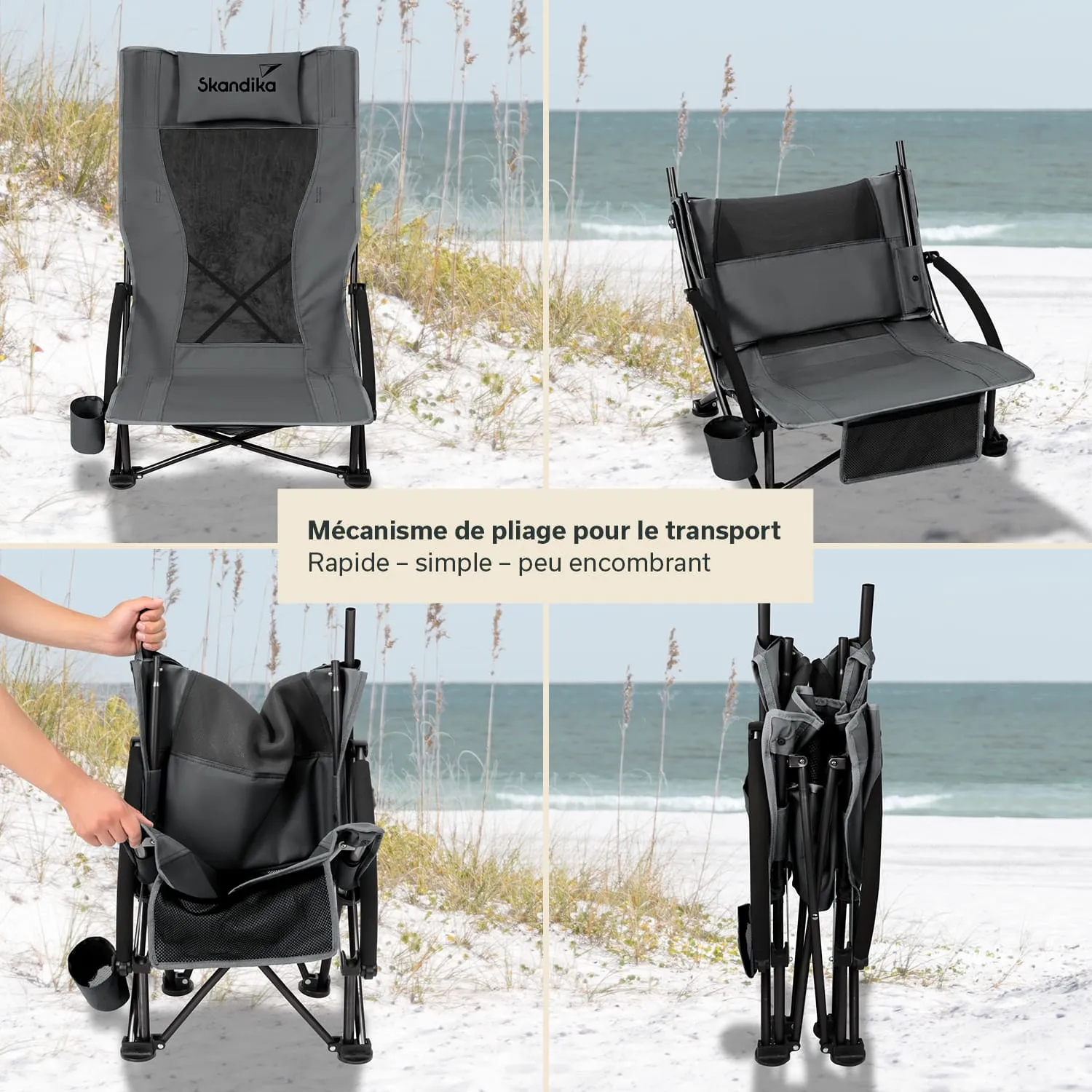 Faltstuhl in Grau auf Sandstrand, mit Detailansichten: aufgerichtet, zum Transport gefaltet, mit Getränkehalter.