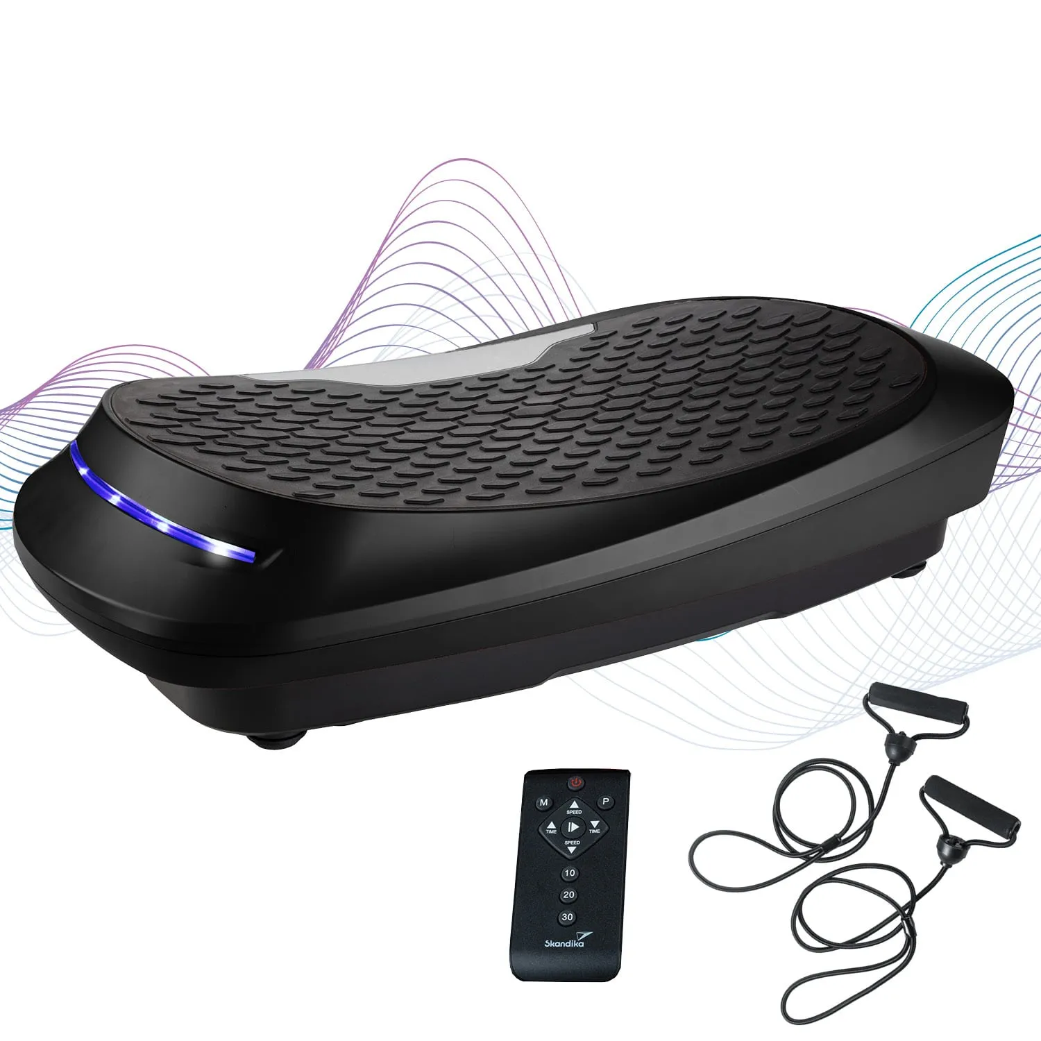 Vibrationsplatte in Schwarz mit rutschfester Oberfläche, dazu eine Fernbedienung und zwei Widerstandsbänder.